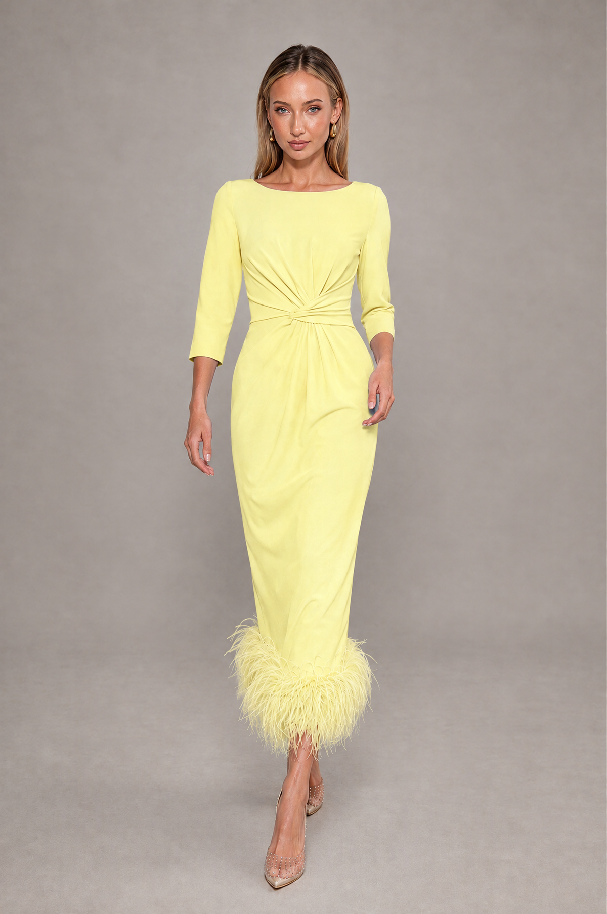 BOLODOO Light Yellow Feather-Trim Twist-Waist Midi Dress - Light Yellow - Light_Yellow_3
