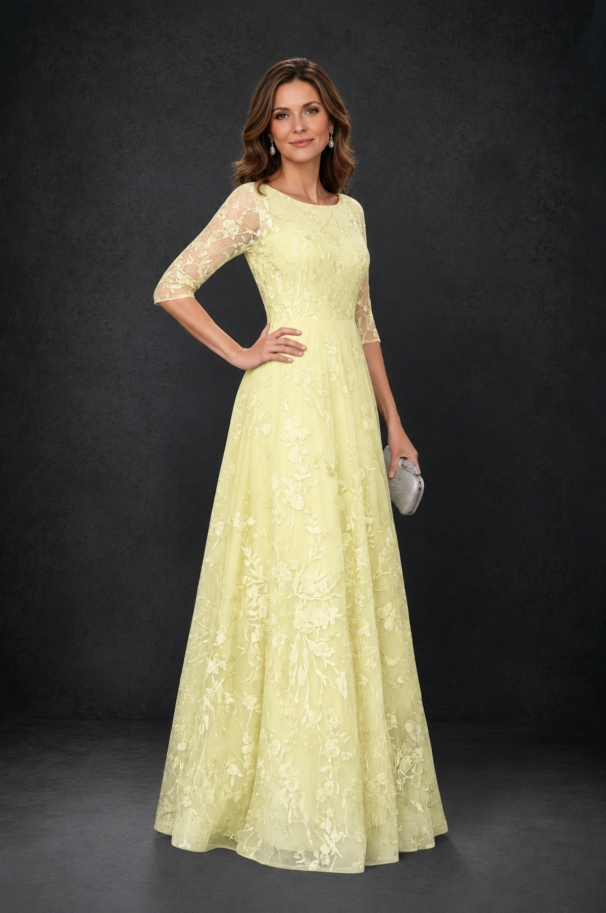 BOLODOO Light Yellow Illusion Bateau Neck 3/4 Sleeve Floral Lace A-Line Mother of the Bride Dress MX007 - Light Yellow - Light_Yellow_3