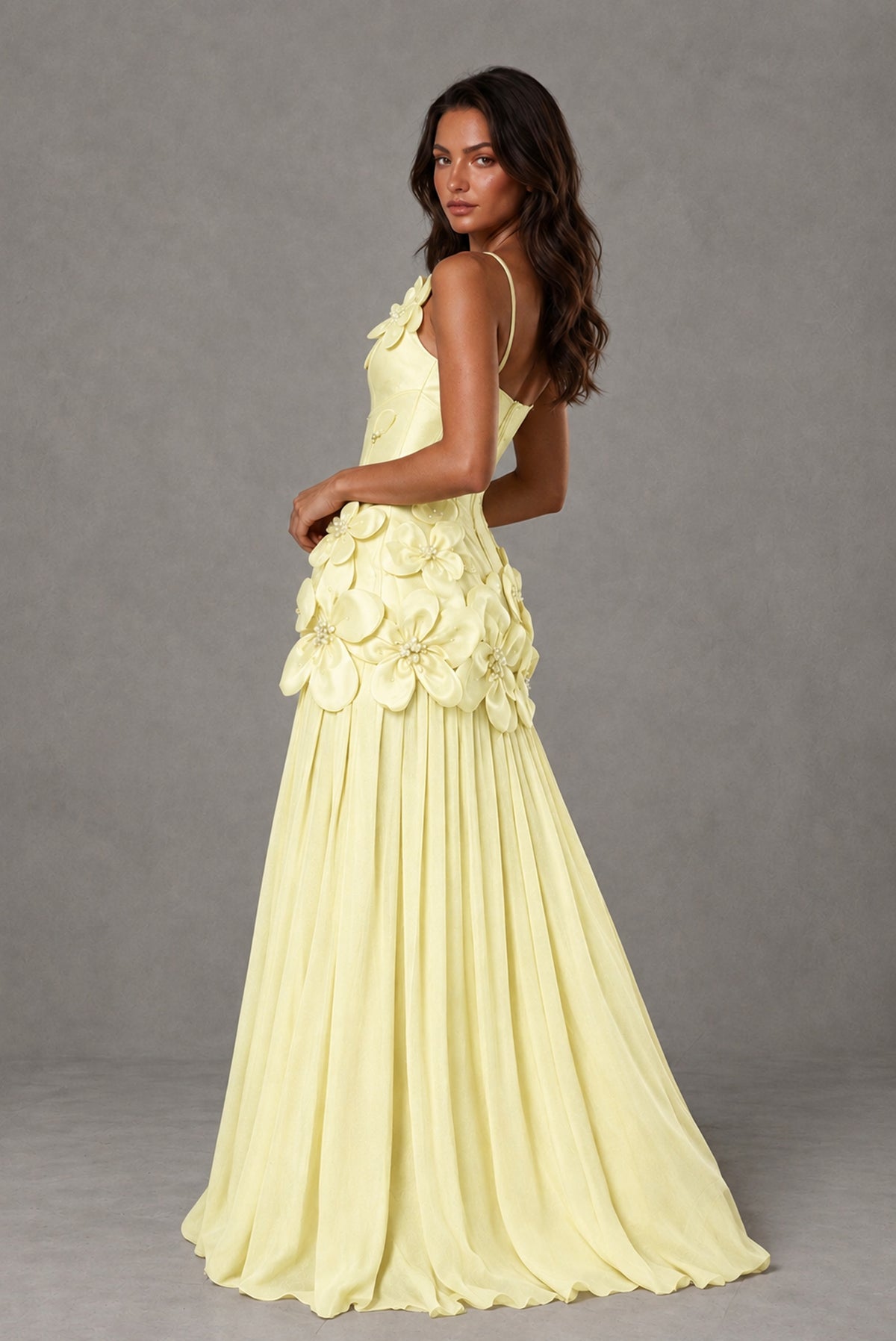 BOLODOO Light Yellow 3D Floral Appliqué Floor-Length A-Line Evening Gown - Light Yellow