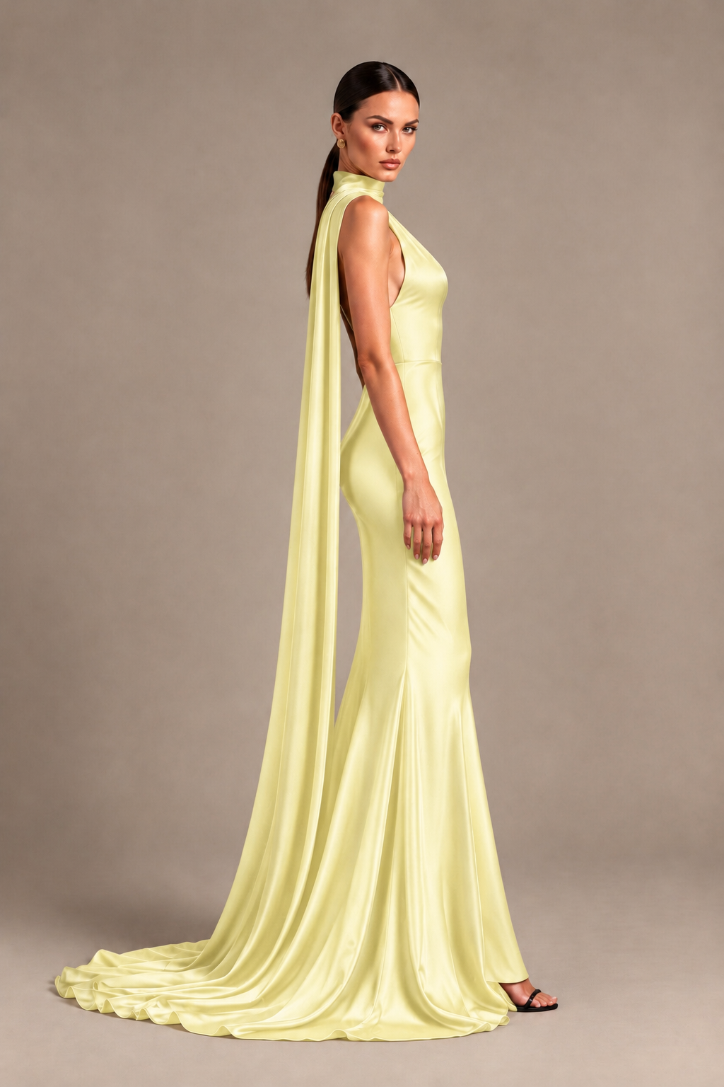 BOLODOO Light Yellow One-Shoulder Satin Mermaid Evening Dress with Scarf - Light Yellow - Light Yellow_3