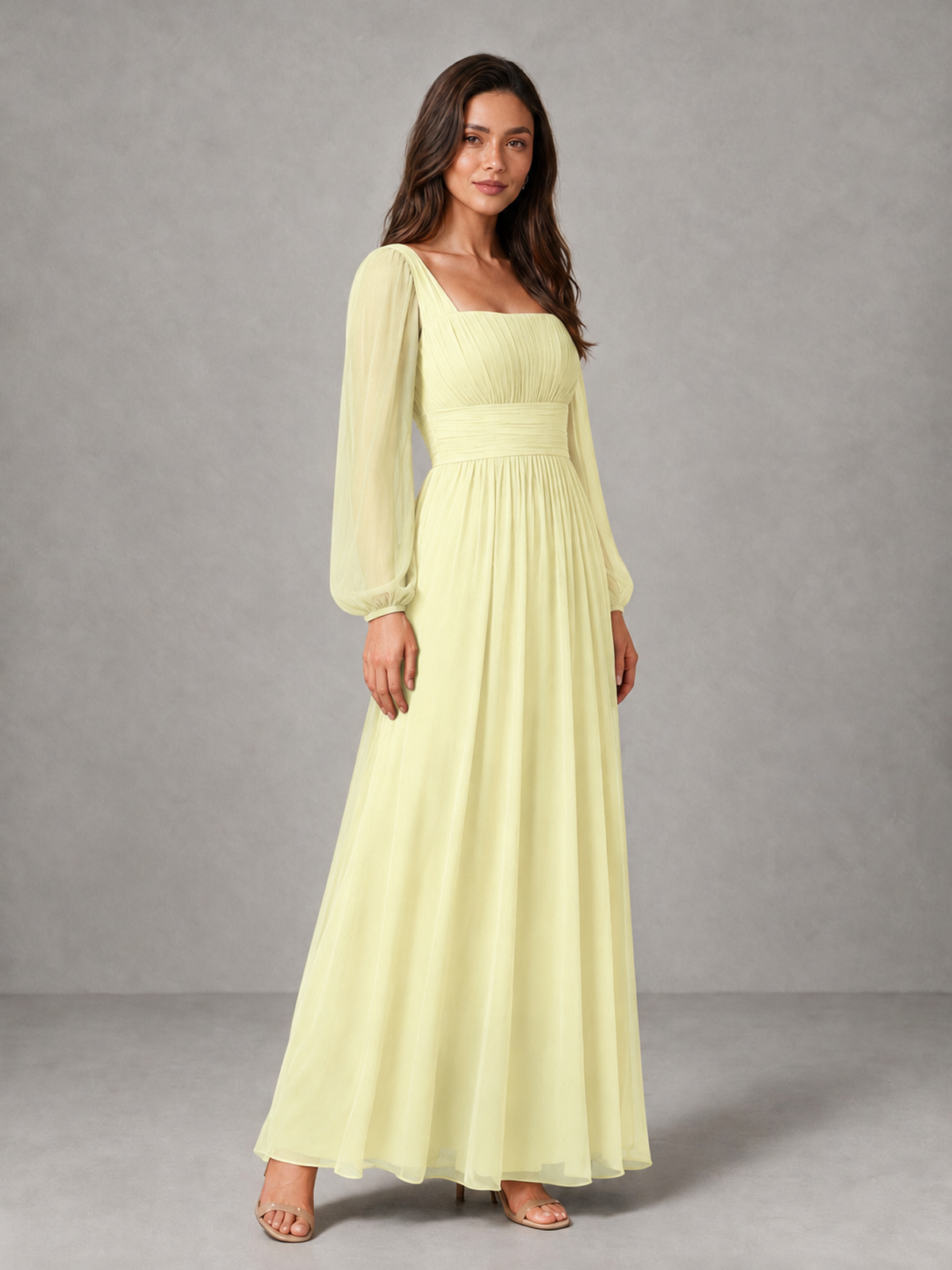 BOLODOO Light Yellow Square Neck Long Sleeve Chiffon Bridesmaid Dress - Light Yellow - Light Yellow_3