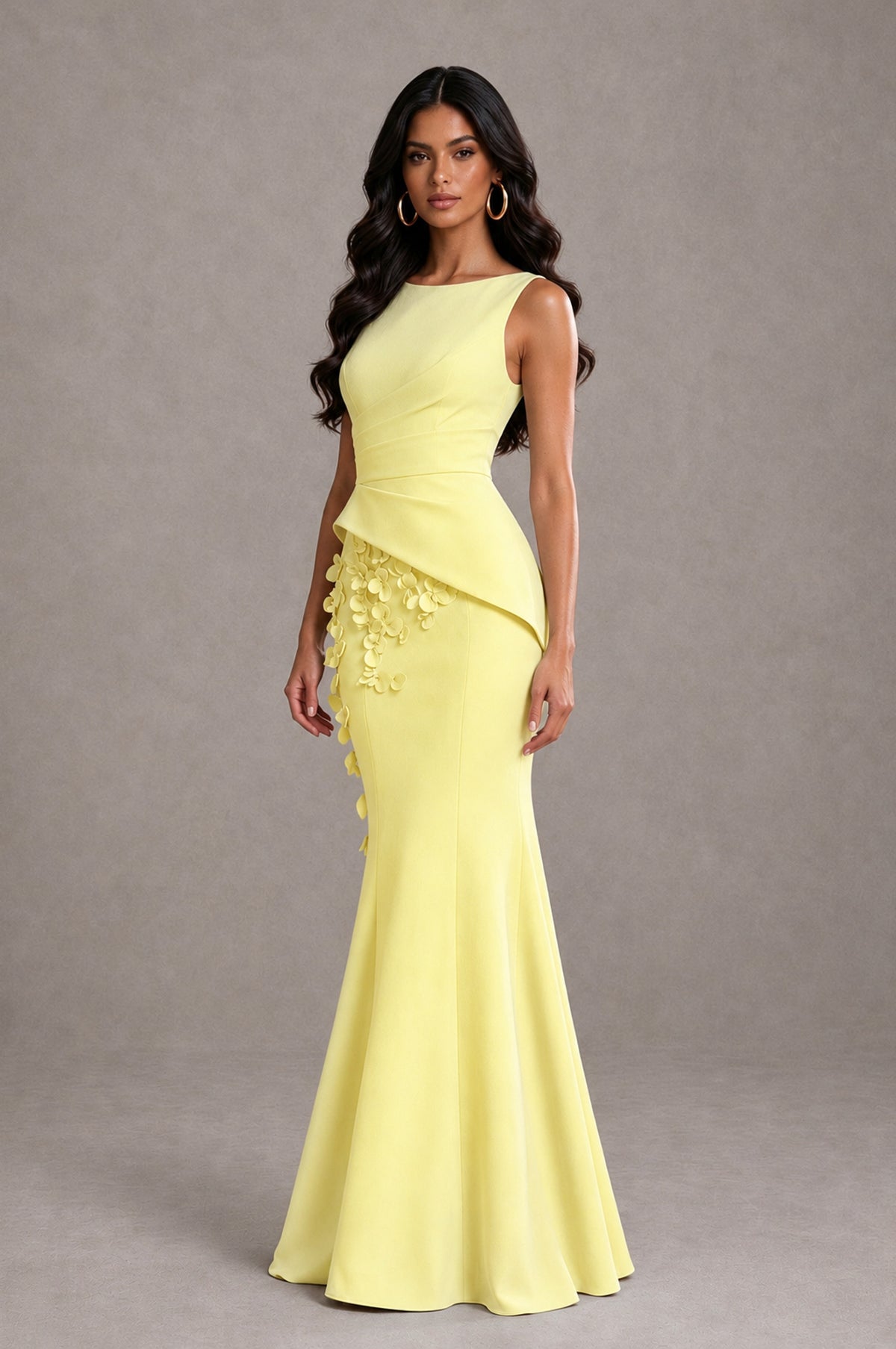 BOLODOO Light Yellow Bateau Neck Sleeveless Asymmetric Peplum 3D Petal Appliqué Mermaid Gown BD0421 - Light Yellow - Light_Yellow_3