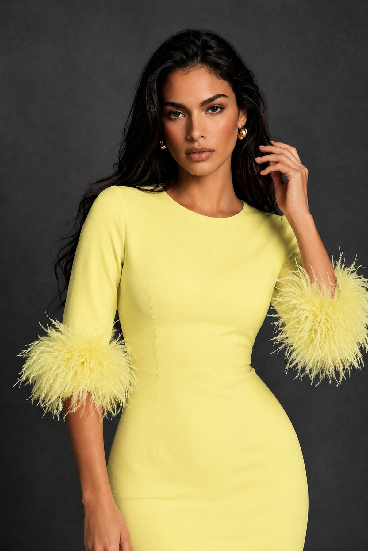 BOLODOO Light Yellow Ostrich Feather Cuff 3/4 Sleeve Round Neck Bodycon Midi Dress with Back Slit - Light Yellow