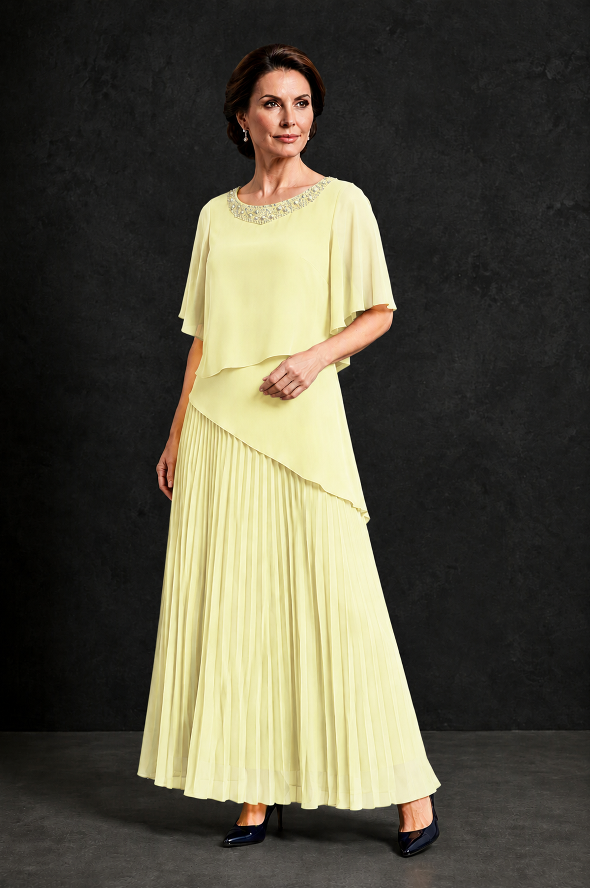 BOLODOO Light Yellow Pearl Beaded Neck Asymmetric Tiered Flutter Sleeve Pleated Chiffon Maxi Dress - Light Yellow - Light_Yellow_3