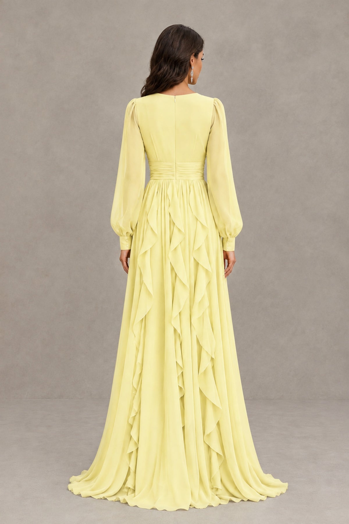 BOLODOO Light Yellow Long Sleeve V-Neck Ruffle Maxi Dress - Light Yellow