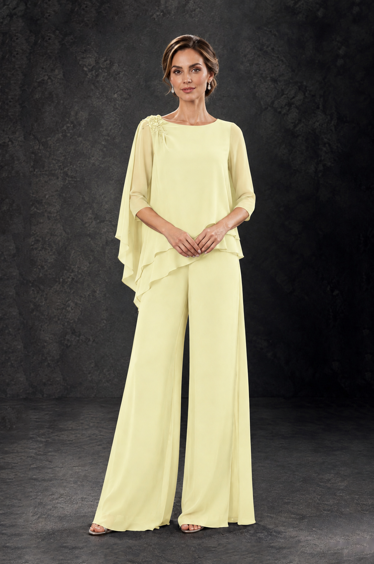 BOLODOO Light Yellow Layered Wide-Leg Mother of the Bride Pant Suit - Light Yellow - Light Yellow_3