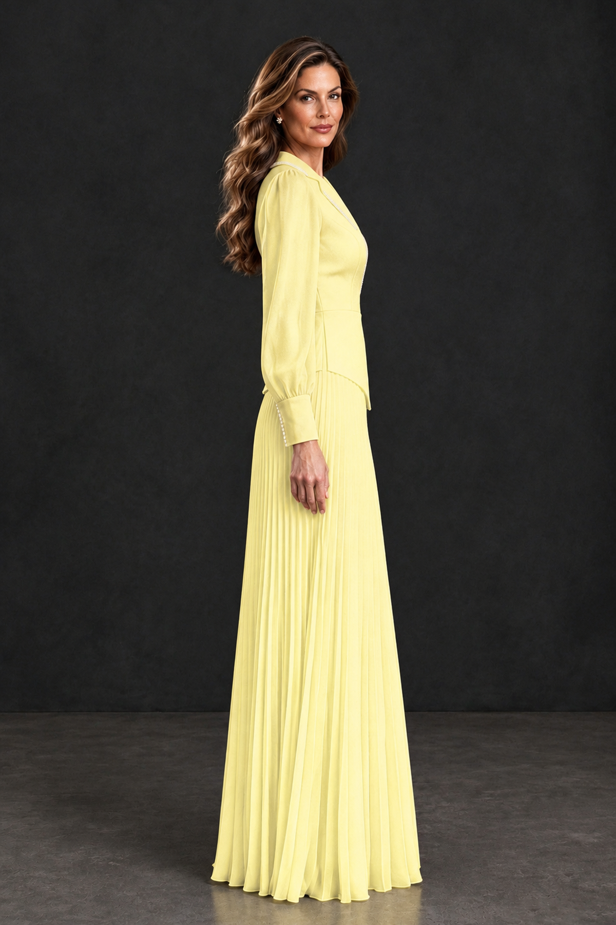 BOLODOO Light Yellow Long Sleeve Pleated Mother of the Bride Dress - Light Yellow - Light Yellow_3