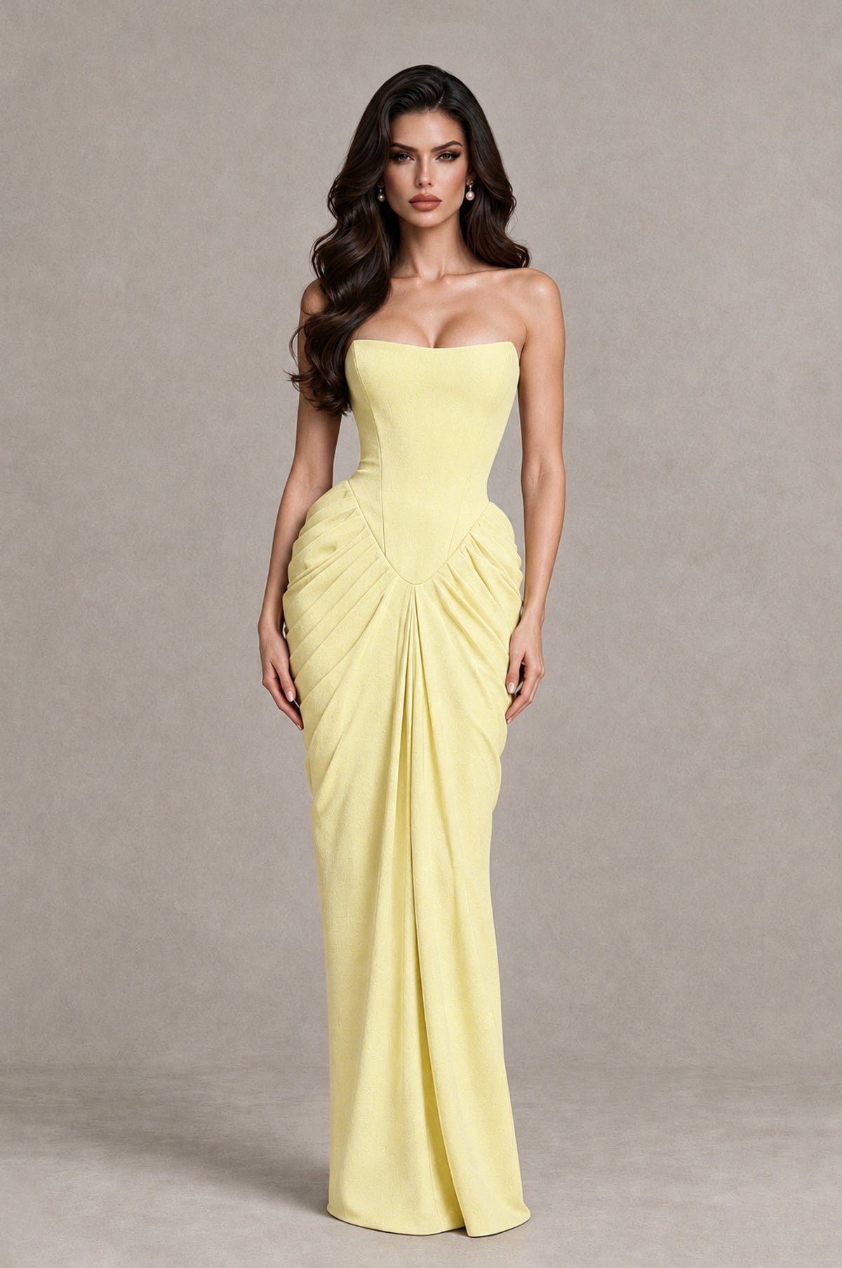 BOLODOO Light Yellow Strapless Ruched Corset Evening Gown - Light Yellow - Light Yellow_3