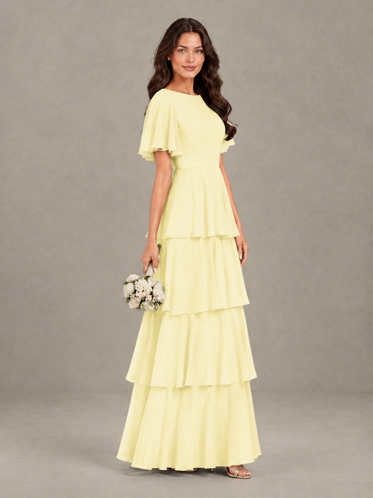 BOLODOO Light Yellow Tiered Flutter Sleeve Bridesmaid Dress - Light Yellow - Light Yellow_3
