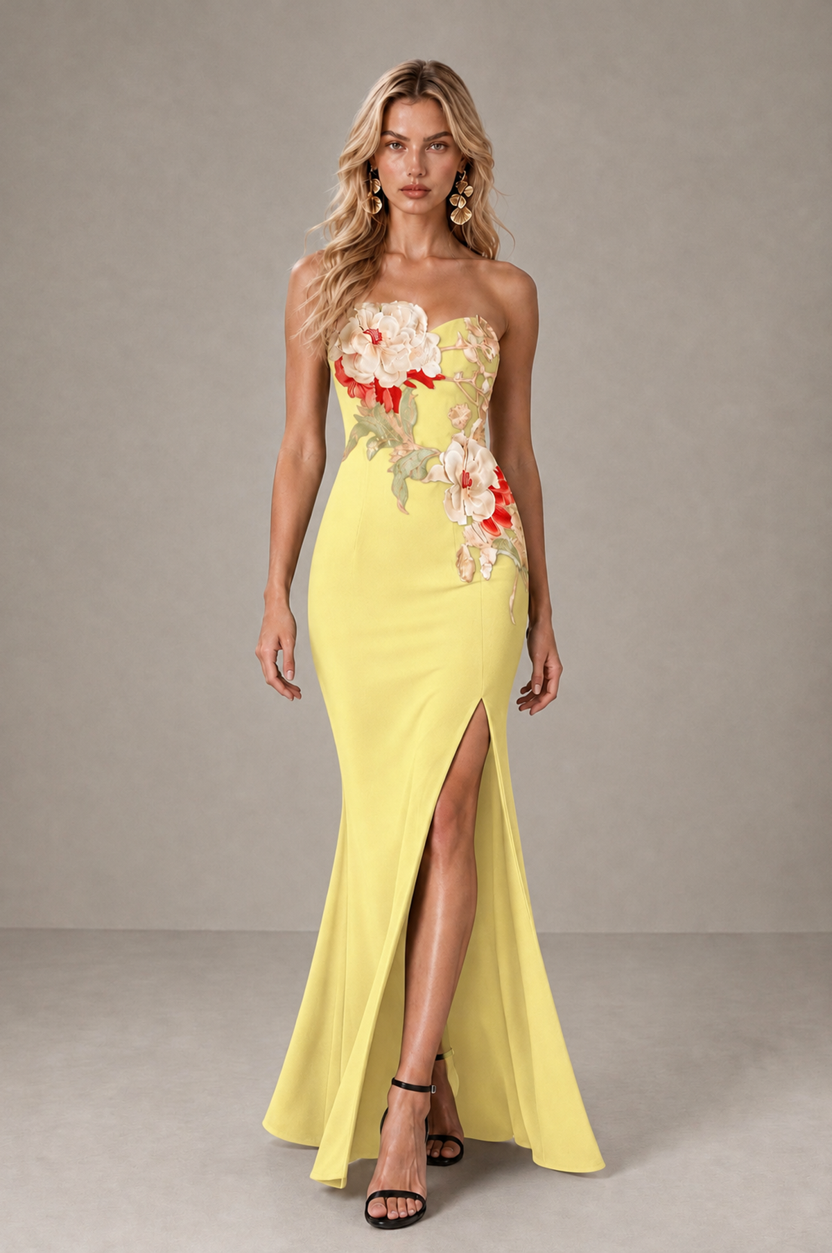 BOLODOO Light Yellow Strapless Floral Mermaid Evening Dress with Slit - Light Yellow - Light_Yellow_3