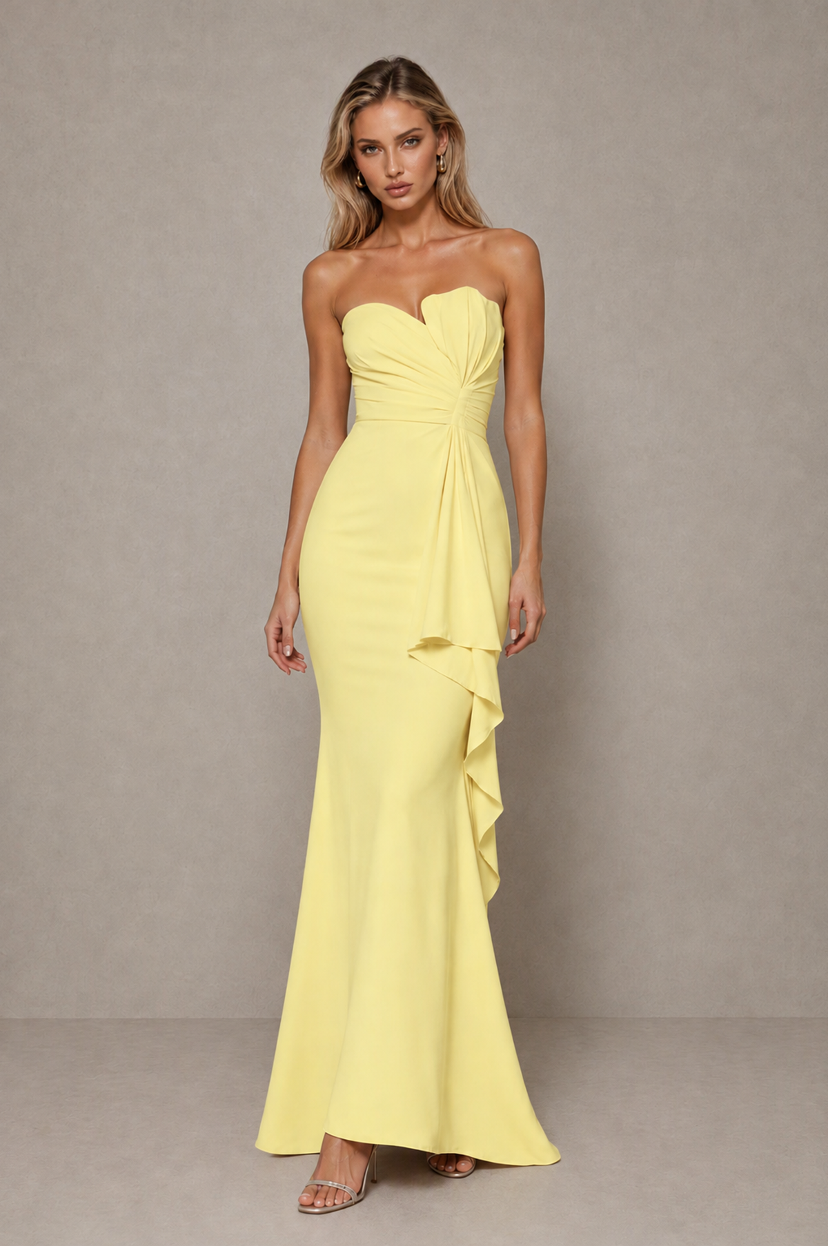 BOLODOO Light Yellow Strapless Sweetheart Ruched Mermaid Gown | Cascade Drape Formal Evening Dress - Light Yellow - Light_Yellow_3