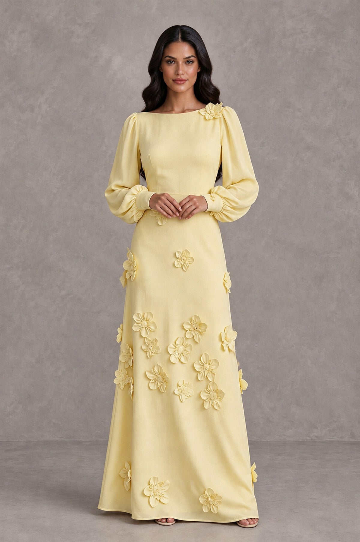 BOLODOO Light Yellow Long Sleeve Floral Applique A-Line Evening Dress - Light Yellow - Light Yellow_3