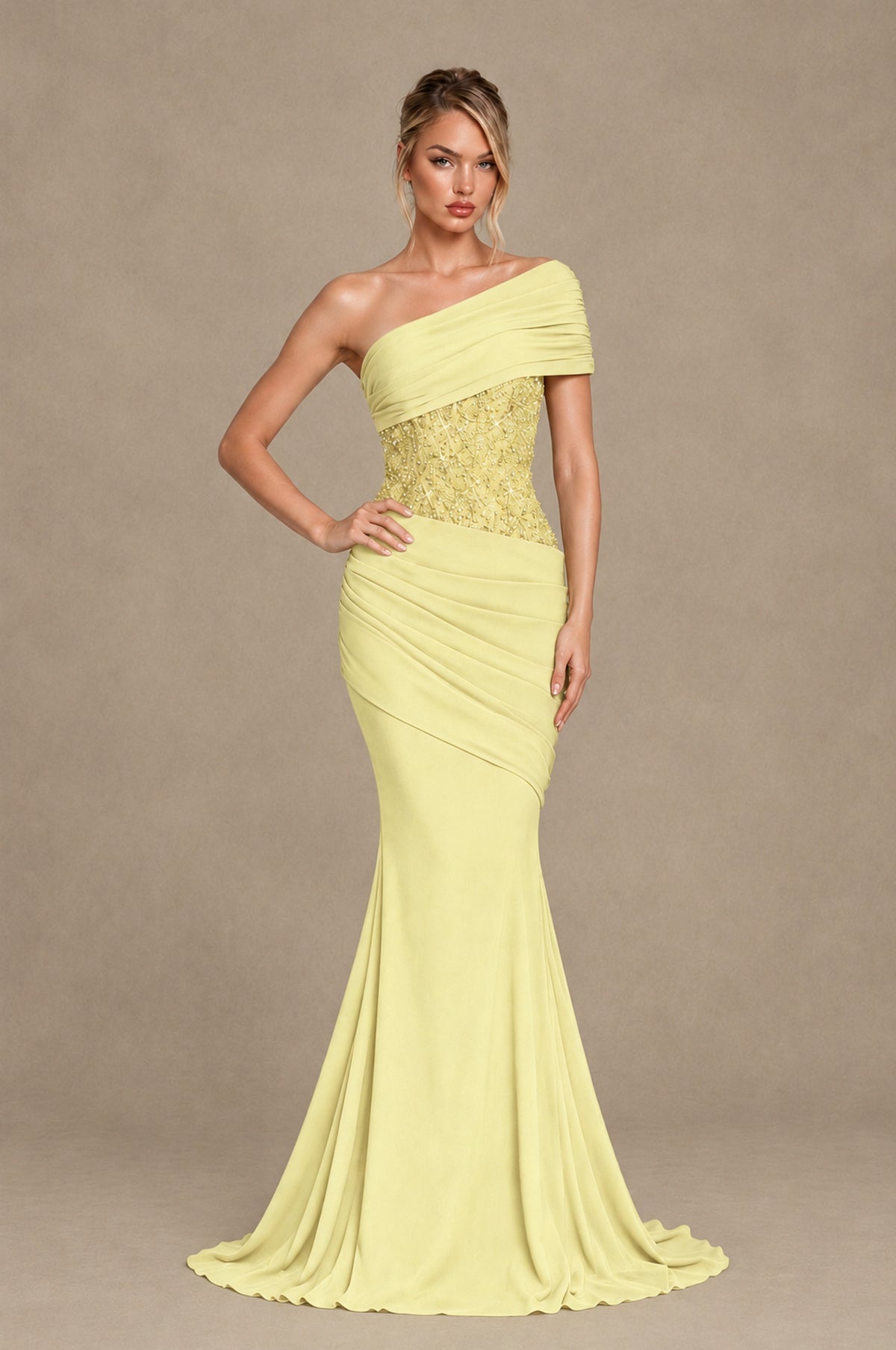 BOLODOO Light Yellow One-Shoulder Sequin Embroidered Ruched Mermaid Gown with Train - Light Yellow - Light Yellow_3