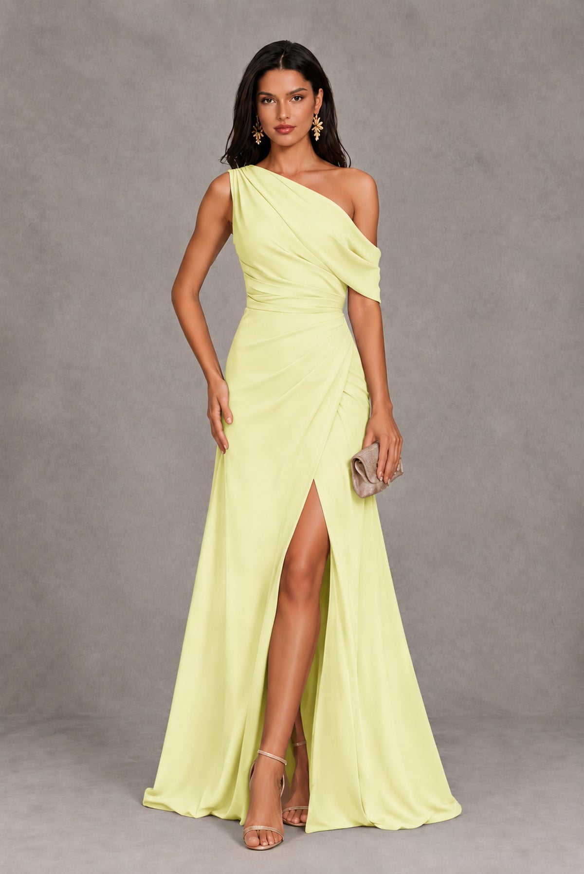 Light Yellow One-Shoulder Floor-Length Evening Gown with High Slit - Light Yellow