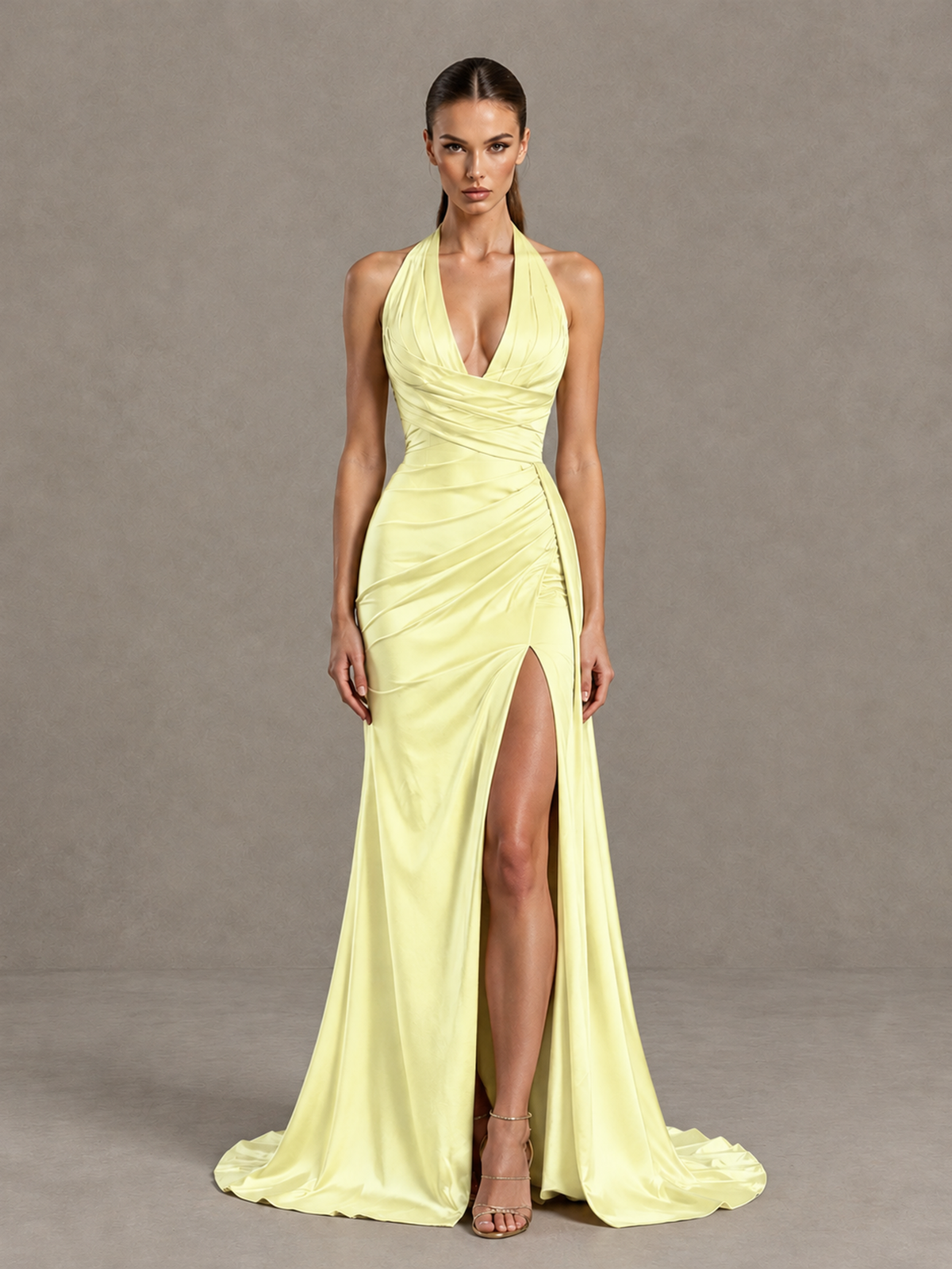 BOLODOO Light Yellow Halter Satin Evening & Prom Dress with High Slit - Light Yellow - Light Yellow_3