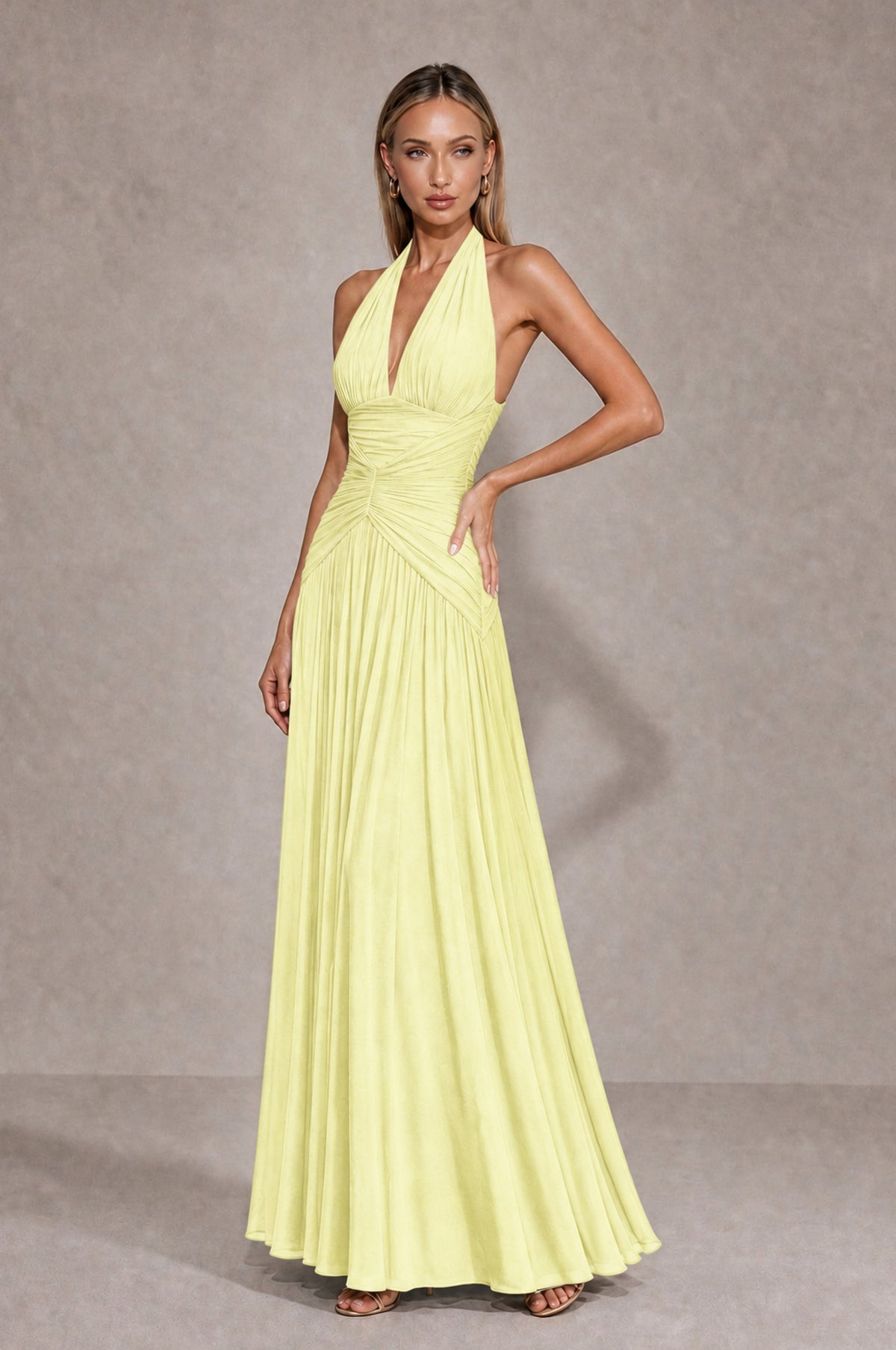 BOLODOO Light Yellow Chiffon Halter Deep V-Neck Ruched A-Line Backless Maxi Dress with Train-BD0167 - Light Yellow - Light Yellow_3