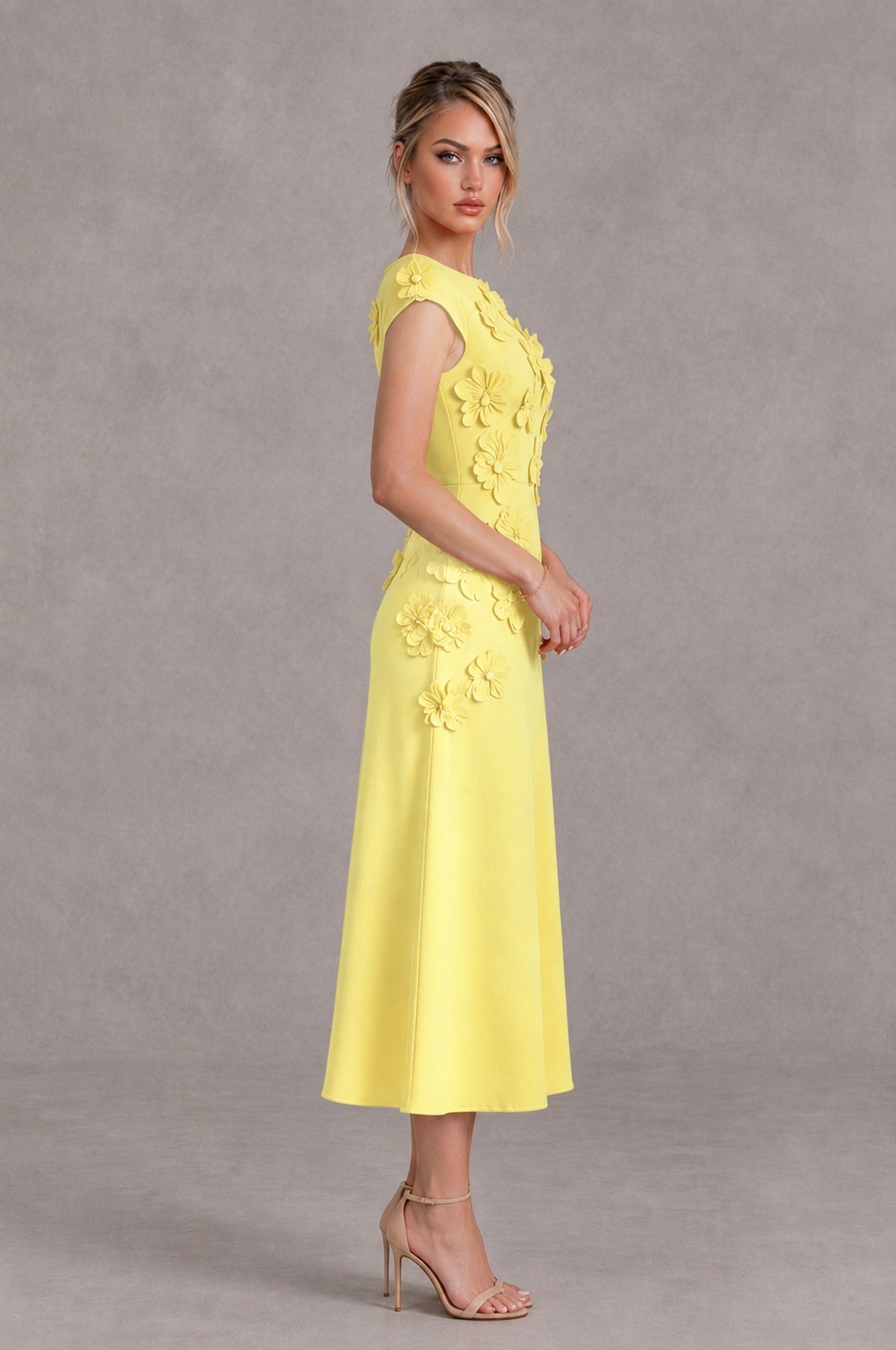 BOLODOO Light Yellow 3D Floral Cap Sleeve Midi Cocktail Dress - Light Yellow - Light Yellow_3