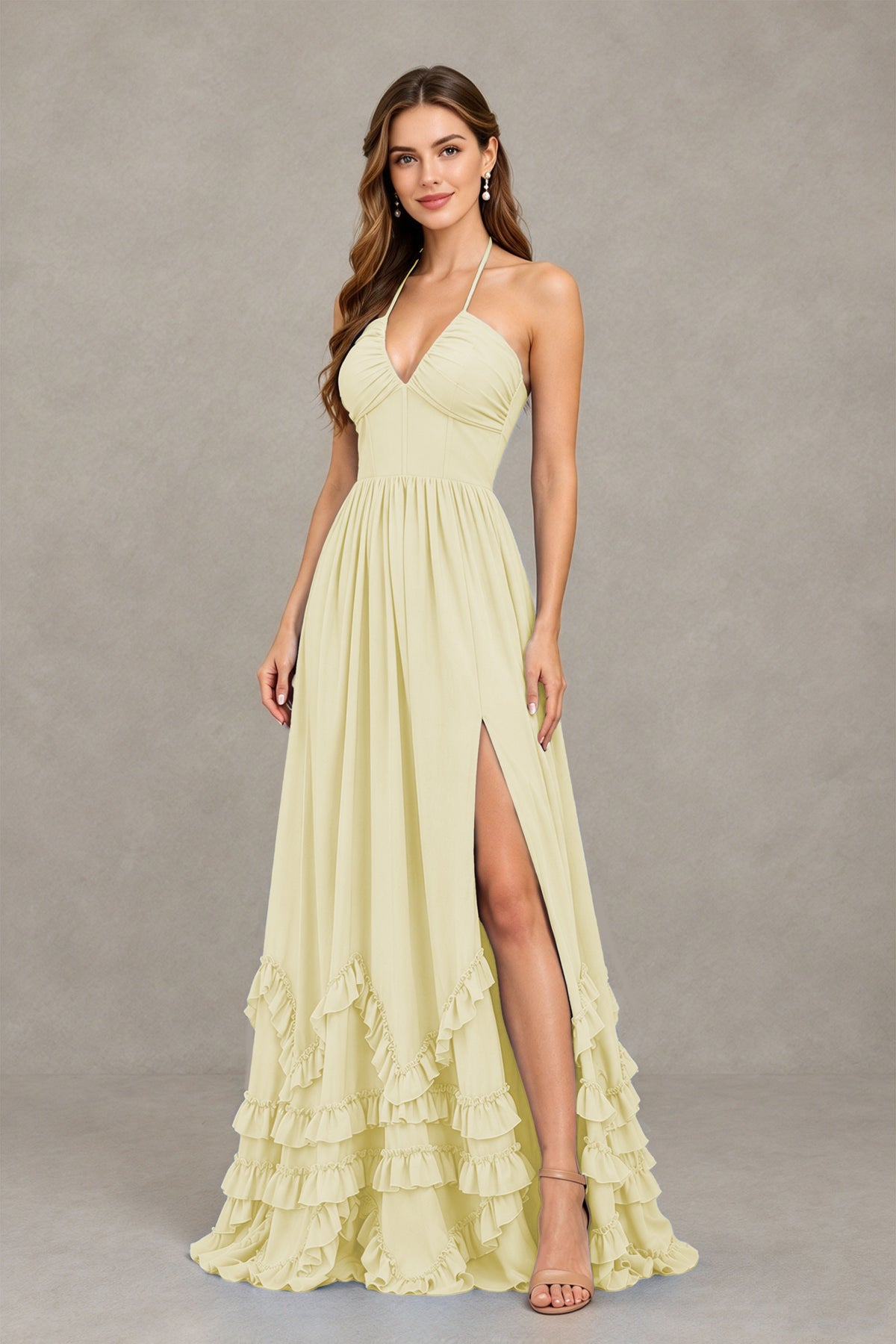 BOLODOO Light Yellow Halter Ruffle Hem A-Line Bridesmaid Dress with High Slit - Light Yellow - Light Yellow(3)