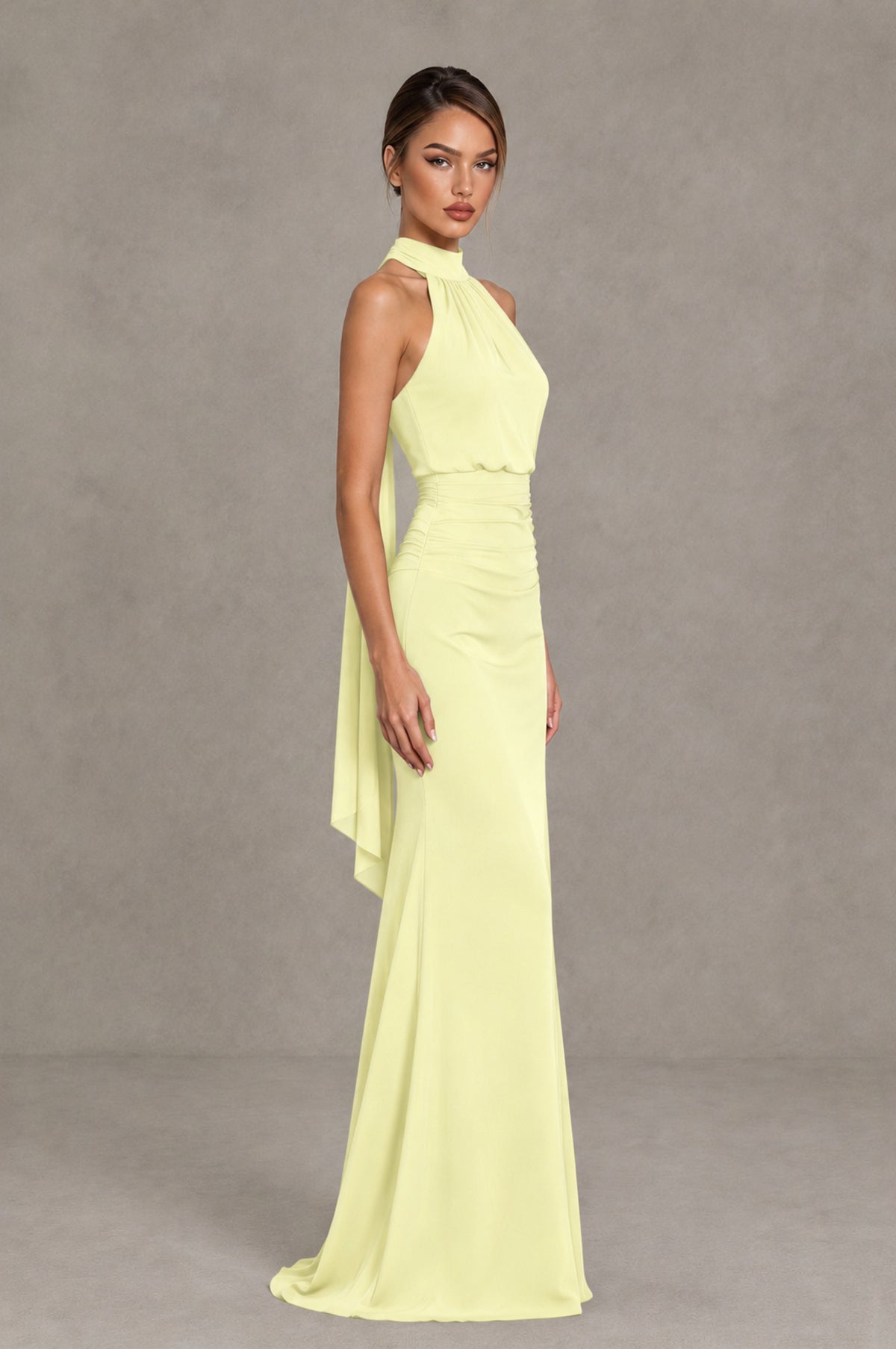 BOLODOO Light Yellow Chiffon Halter Maxi Formal Wedding Guest Dress - Light Yellow - Light Yellow_3