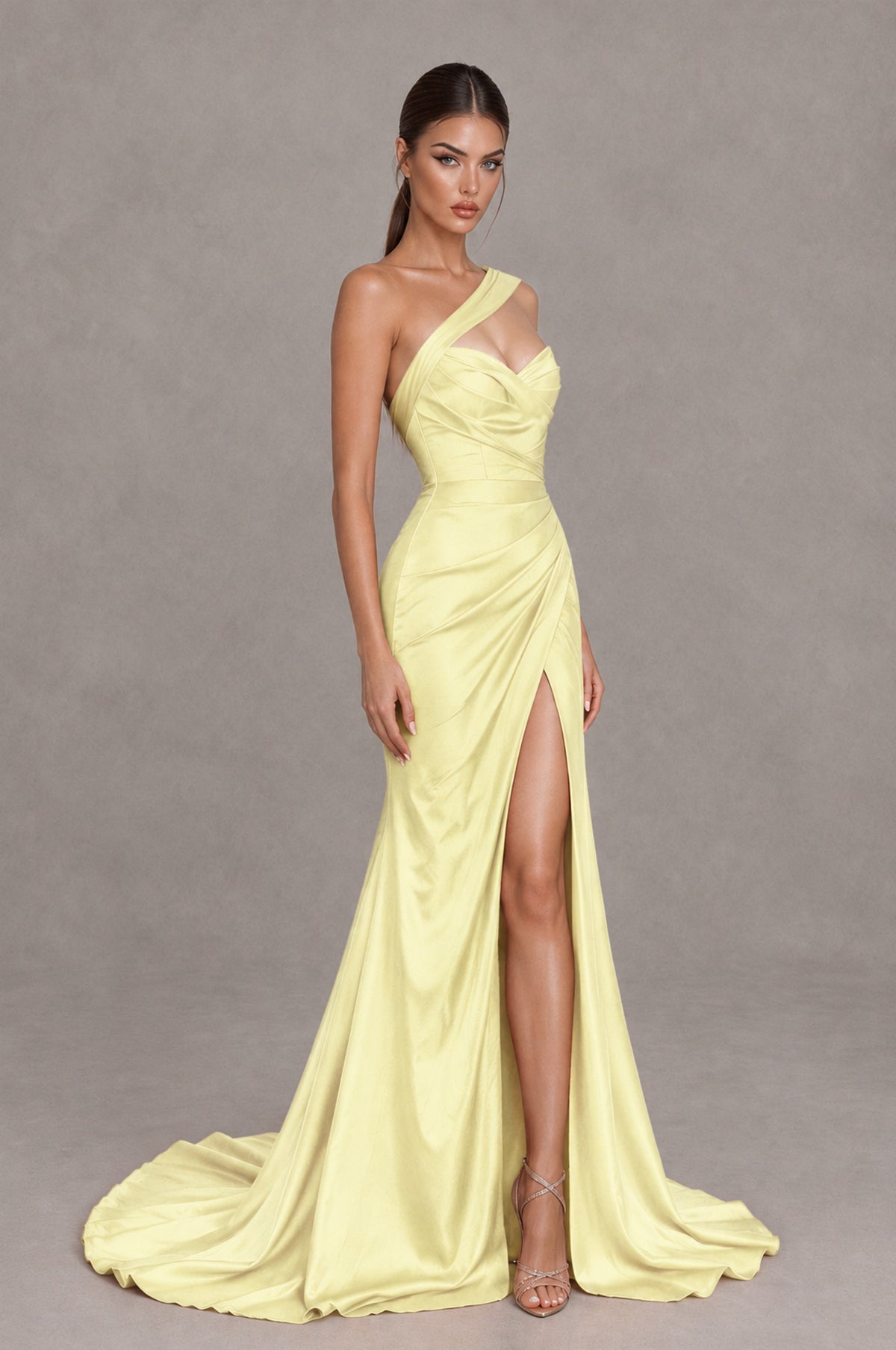 BOLODOO Light Yellow One Shoulder Satin Mermaid Evening Dress with Ruched Slit Skirt - Light Yellow - Light Yellow_3