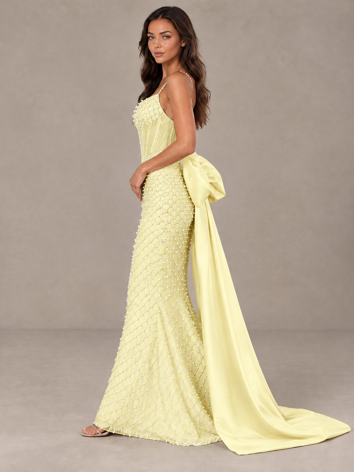 BOLODOO Light Yellow Beaded Corset Prom Dress with Bow Train - Light Yellow - Light_Yellow_3
