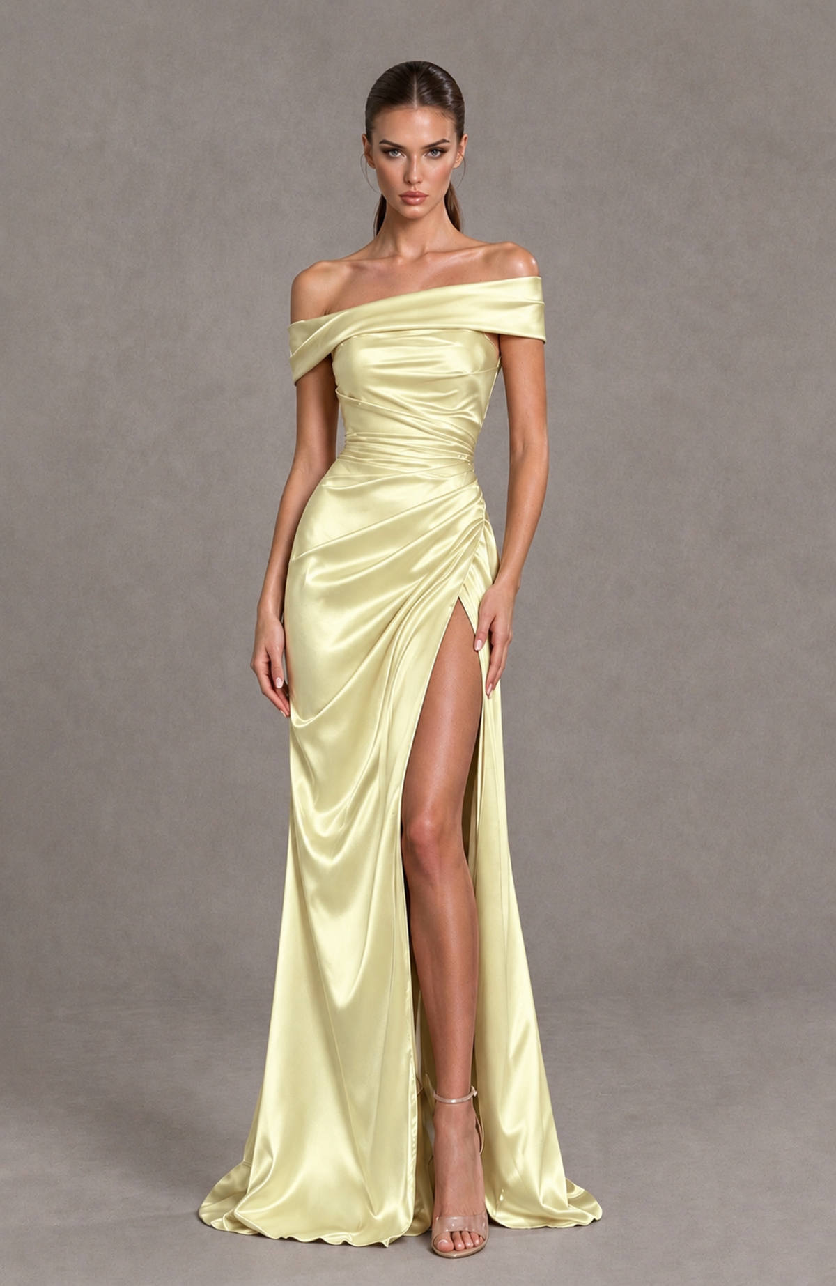 BOLODOO Light Yellow Off-the-Shoulder Ruched Satin Prom & Evening Dress with High Slit - Light Yellow - Light Yellow_3
