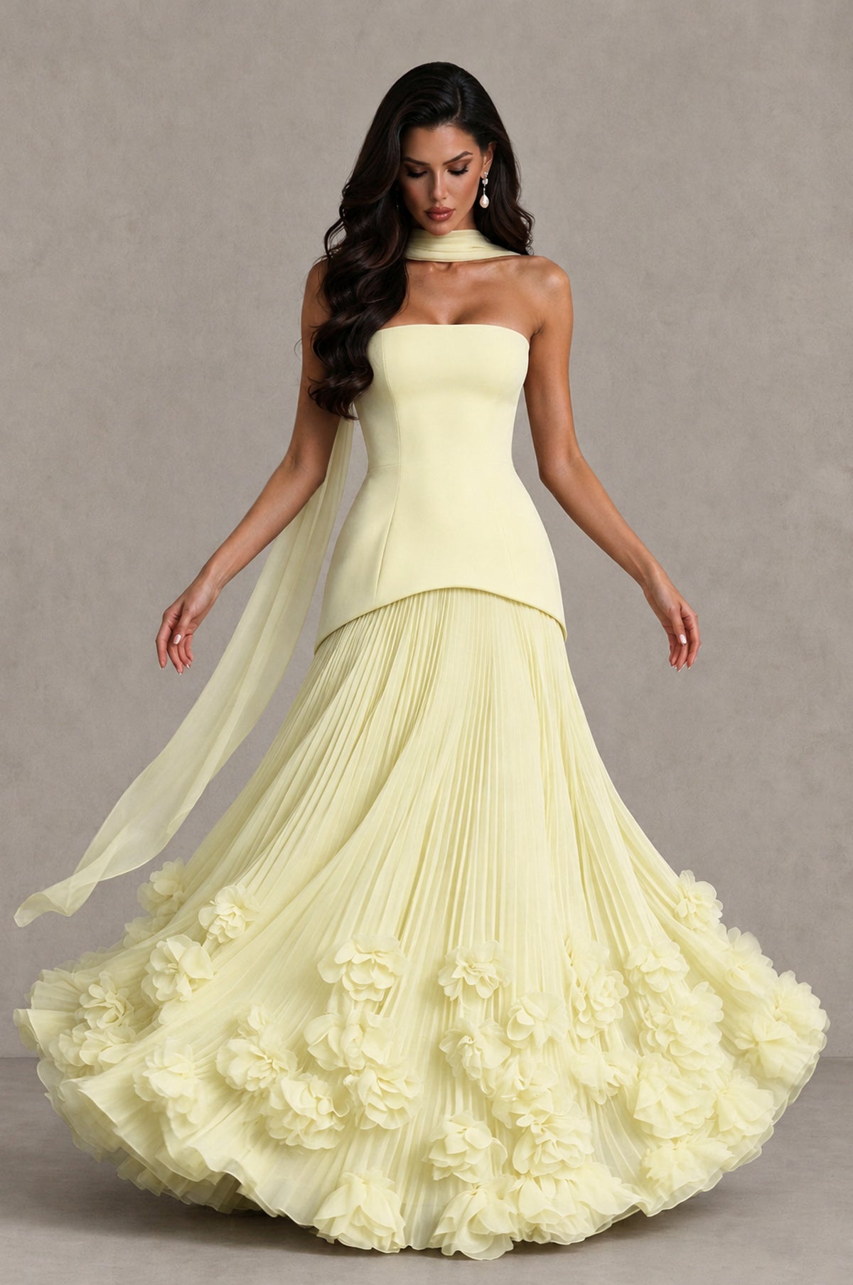 BOLODOO Light Yellow Strapless Pleated Floral Hem Evening Gown - Light Yellow - Light Yellow_3