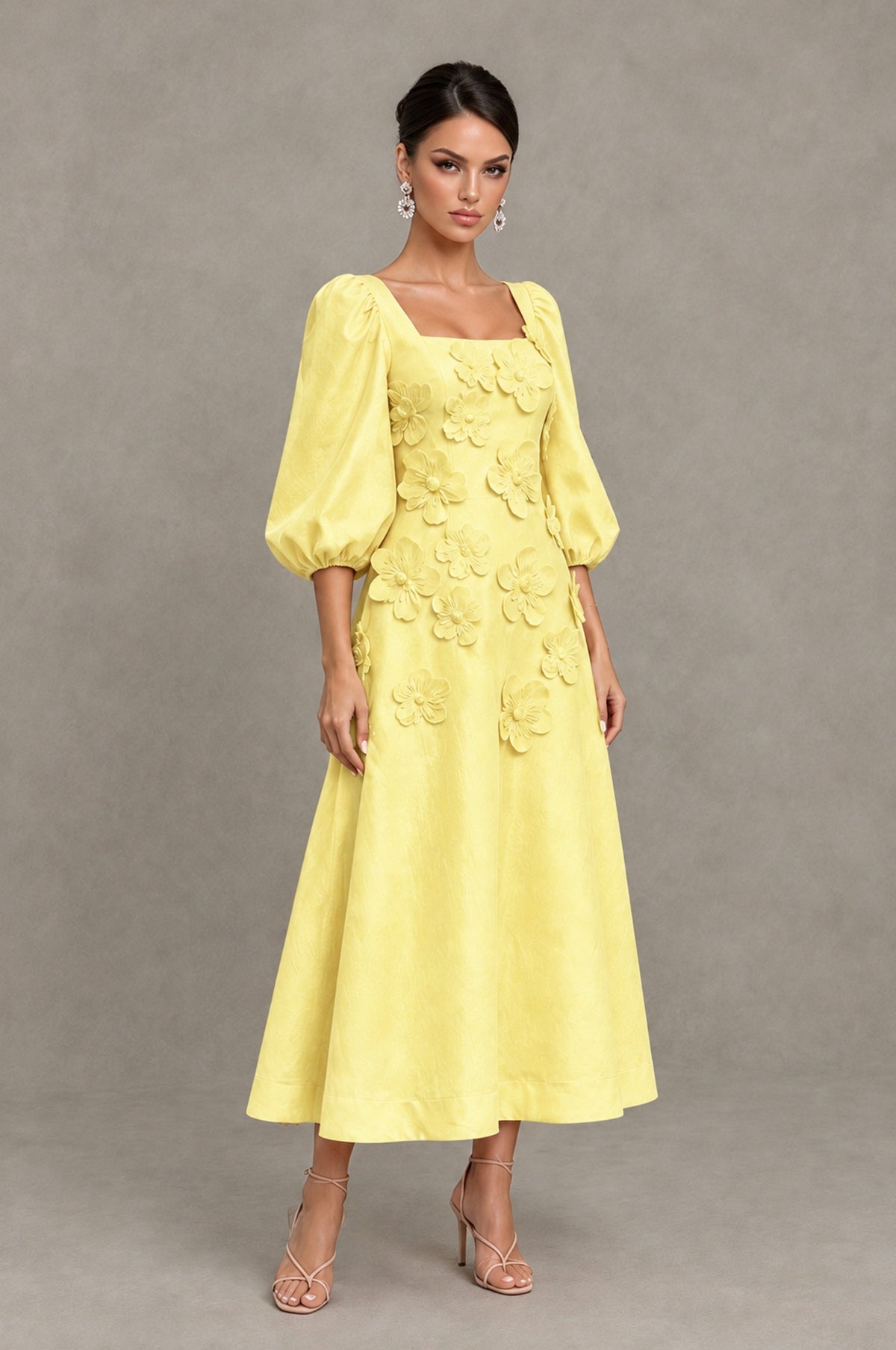 BOLODOO Light Yellow 3D Floral Puff Sleeve Midi Cocktail Dress - Light Yellow - Light Yellow_3