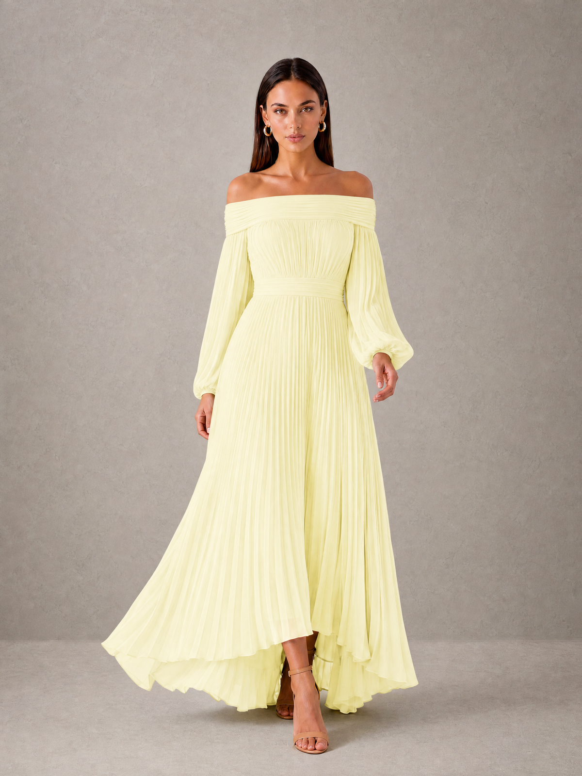 BOLODOO Light Yellow Off-Shoulder Long Sleeve Pleated High-Low Dress - Light Yellow - Light_Yellow_3