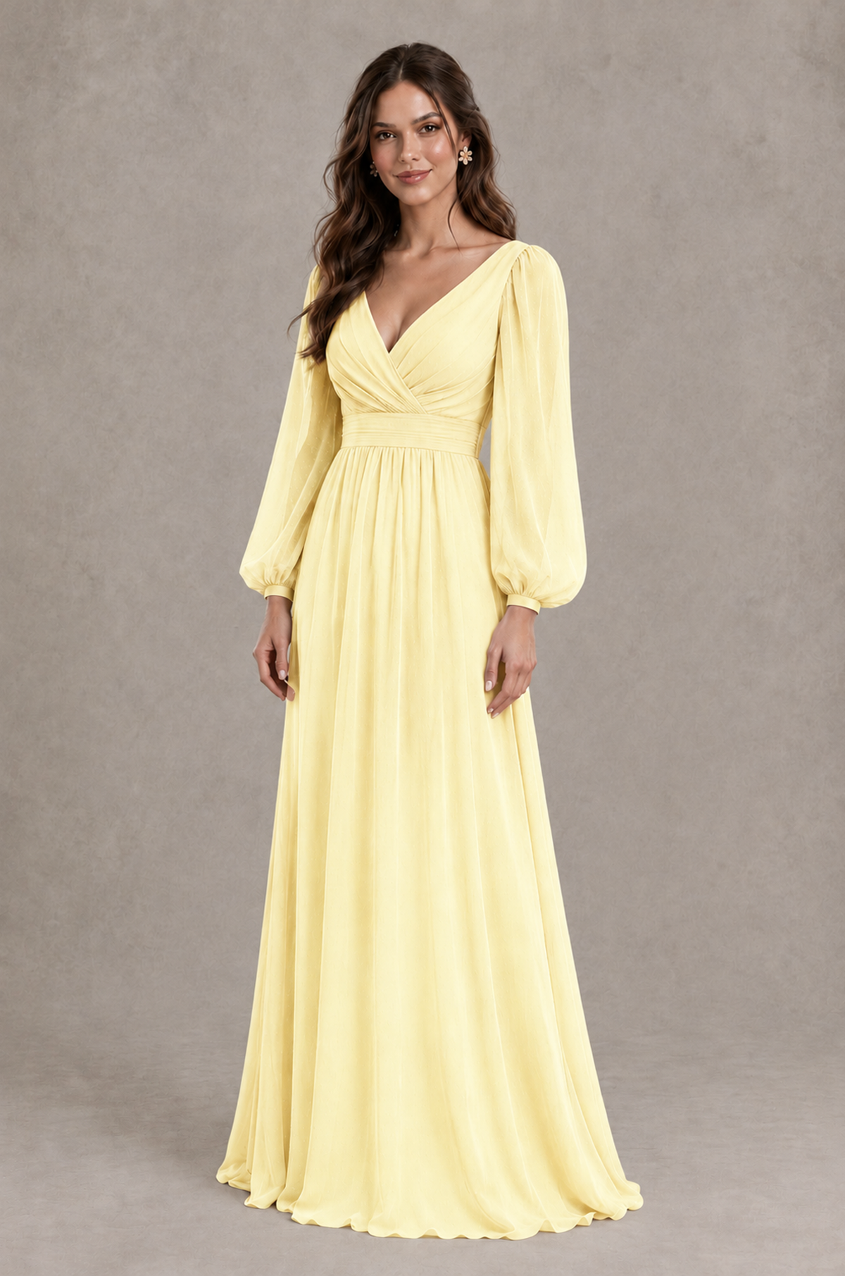 BOLODOO Light Yellow Long Sleeve V-Neck A-Line Bridesmaid Dress - Light Yellow - Light Yellow_3