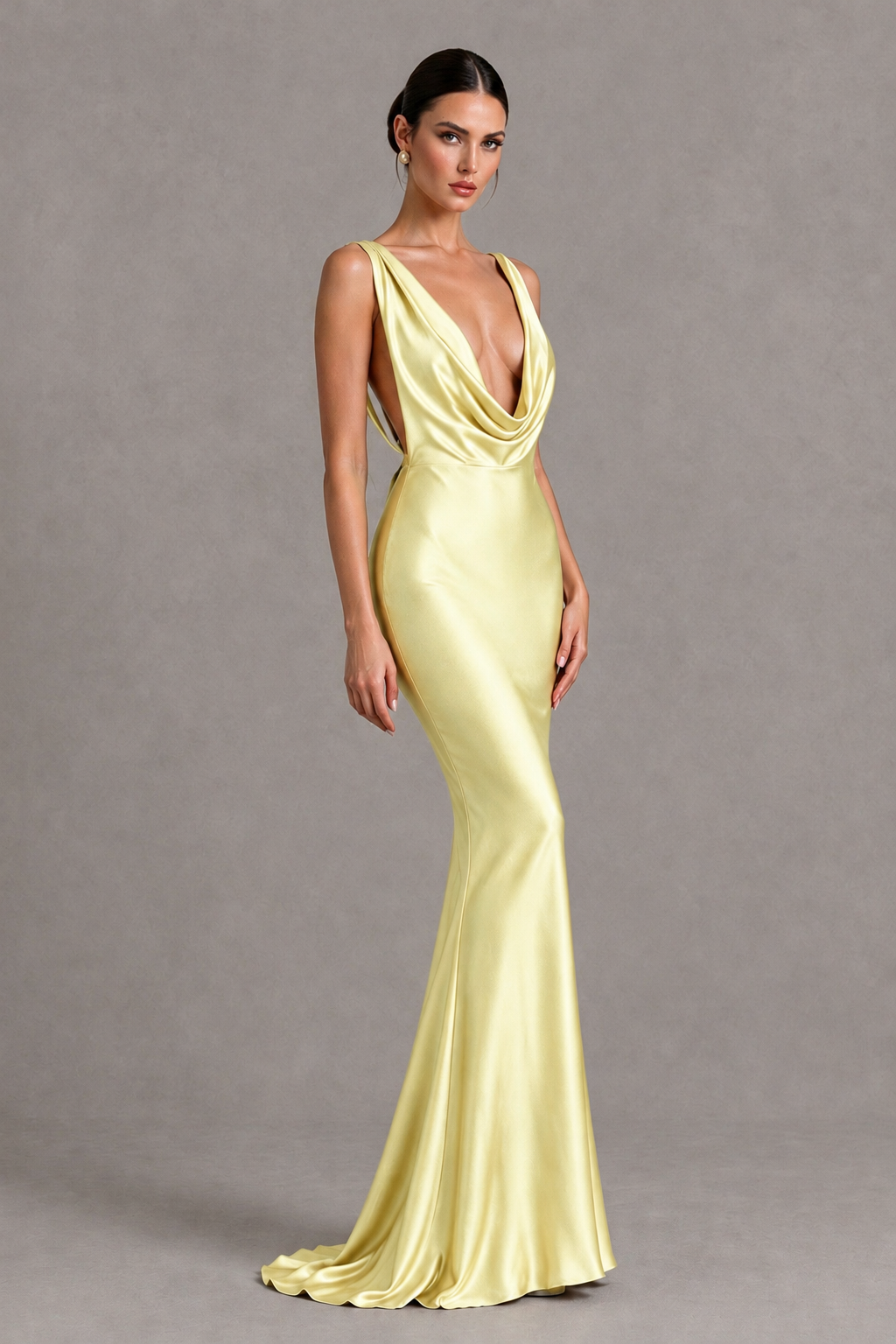 BOLODOO Light Yellow Cowl Neck Backless Satin Mermaid Evening Dress - Light Yellow - Light Yellow_3