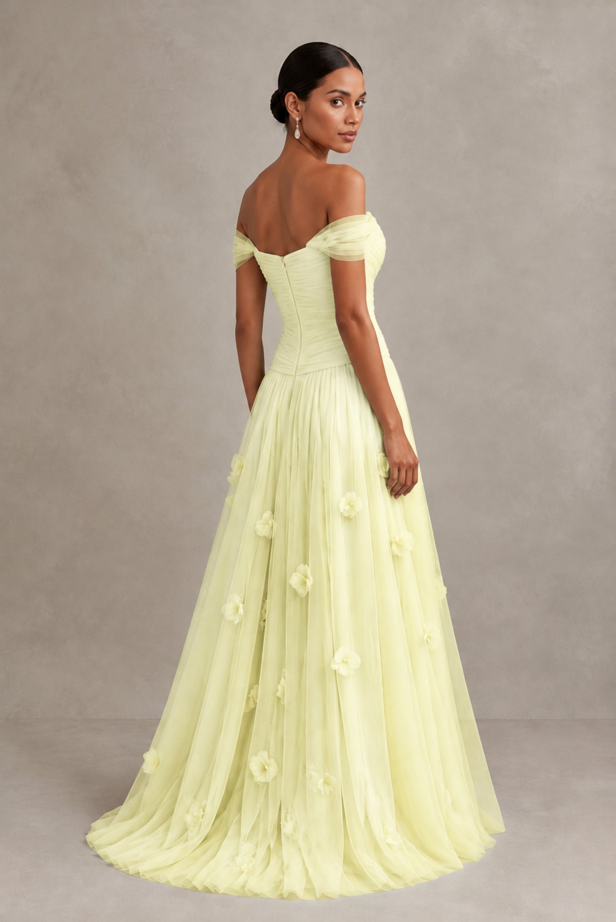 Light Yellow Off-Shoulder Sweetheart A-Line Tulle Gown with 3D Floral Appliques | BOLODOO - Light Yellow