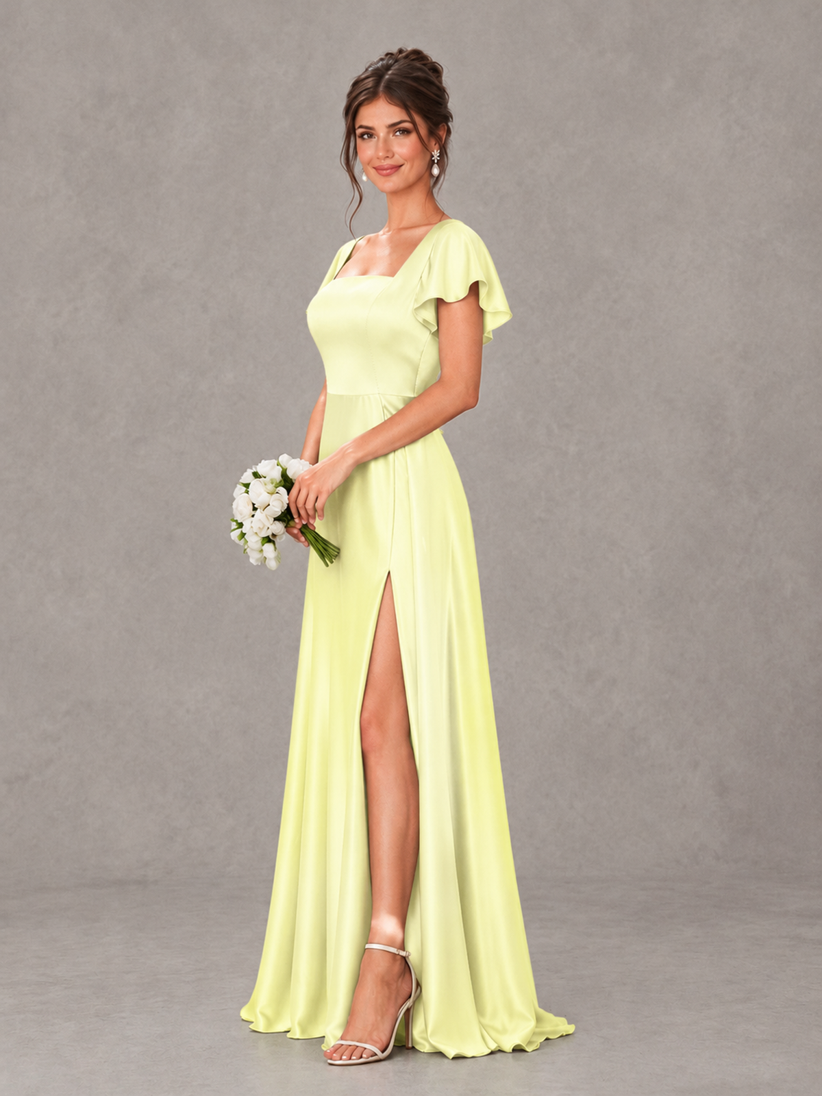 BOLODOO Light Yellow Satin Square Neck Flutter Sleeve A-Line Bridesmaid Dress with Slit - Light Yellow - Light Yellow_3