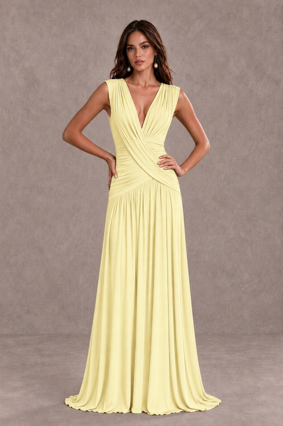 BOLODOO Light Yellow V-Neck Ruched Wedding Guest Dress - Light Yellow - Light Yellow_3