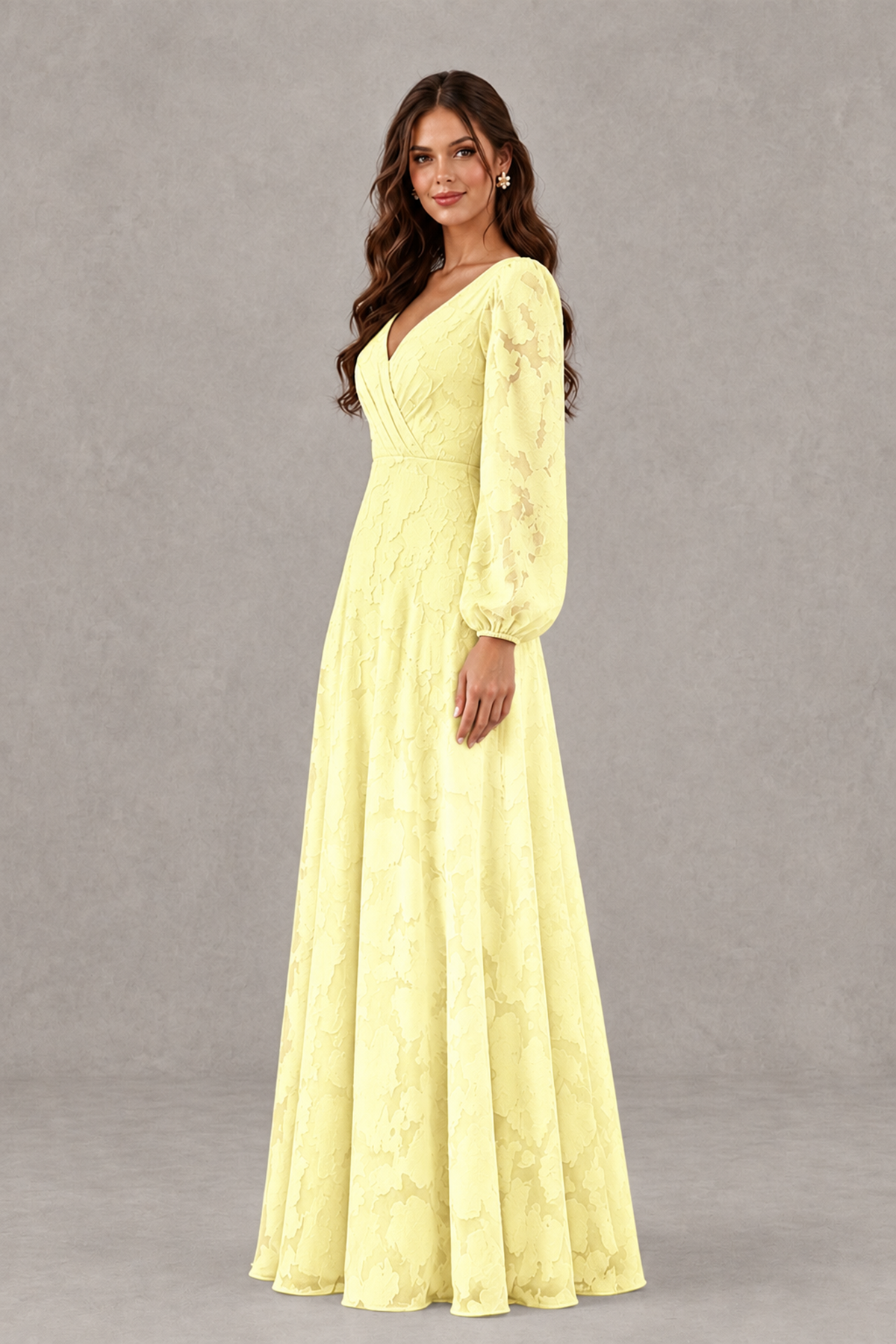 BOLODOO Light Yellow Long Sleeve V-Neck A-Line Mother of the Bride Dress - Light Yellow - Light Yellow_3
