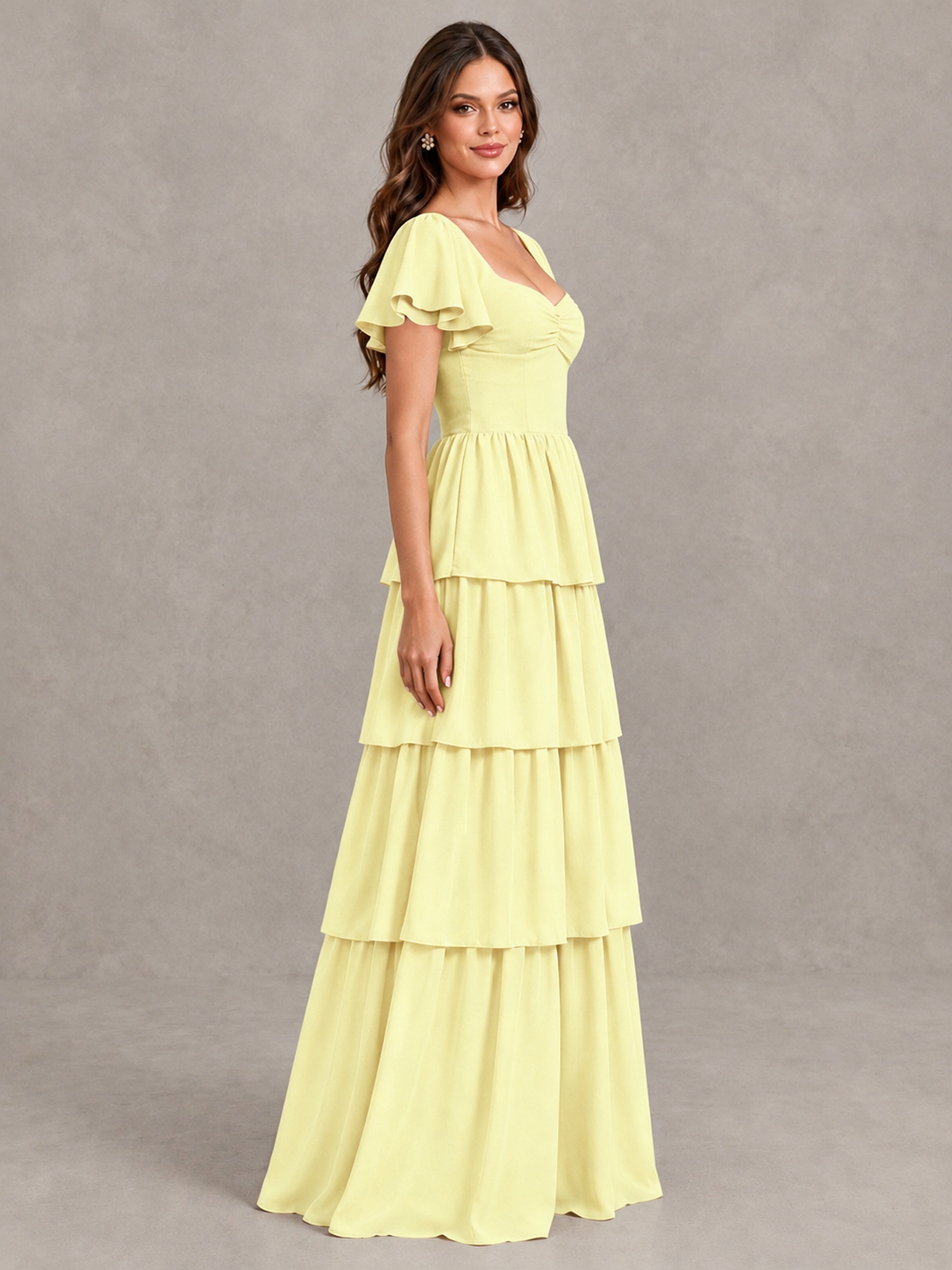 BOLODOO Light Yellow Flutter Sleeve Tiered Maxi Bridesmaid Dress - Light Yellow - Light Yellow_3