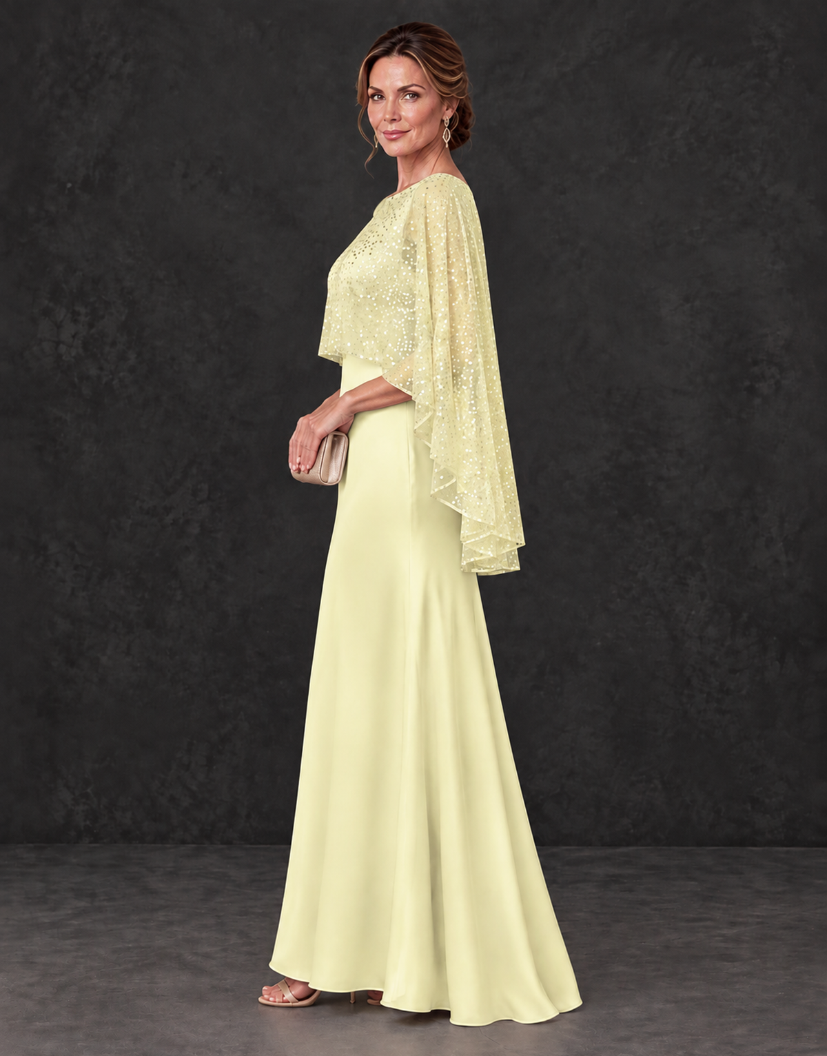BOLODOO Light Yellow Sparkle Cape Sleeve Mother of the Bride Dress - Light Yellow - Light_Yellow_3