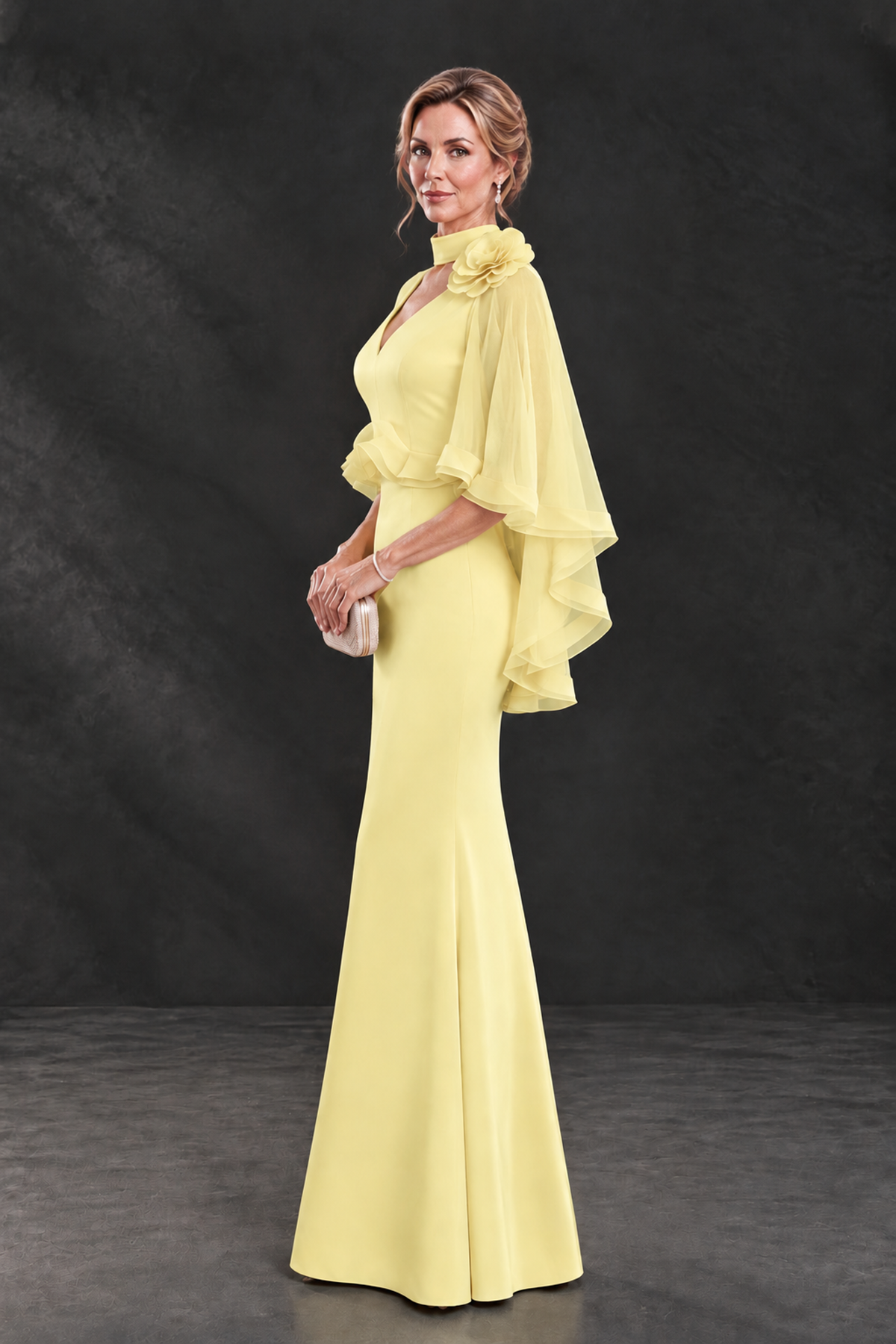 BOLODOO Light Yellow Floral Cape Sleeve Mother of the Bride Dress - Light Yellow - Light_Yellow_3