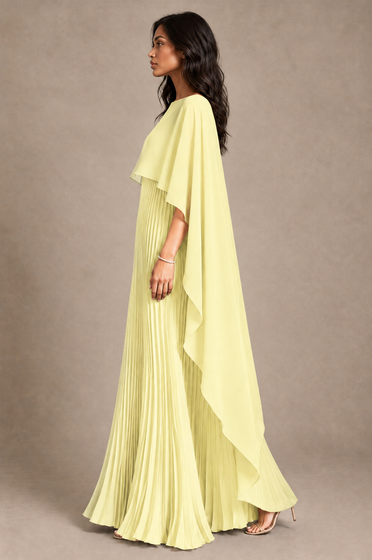 BOLODOO Light Yellow Pleated Cape A-Line Evening Dress - Light Yellow - Light_Yellow_3