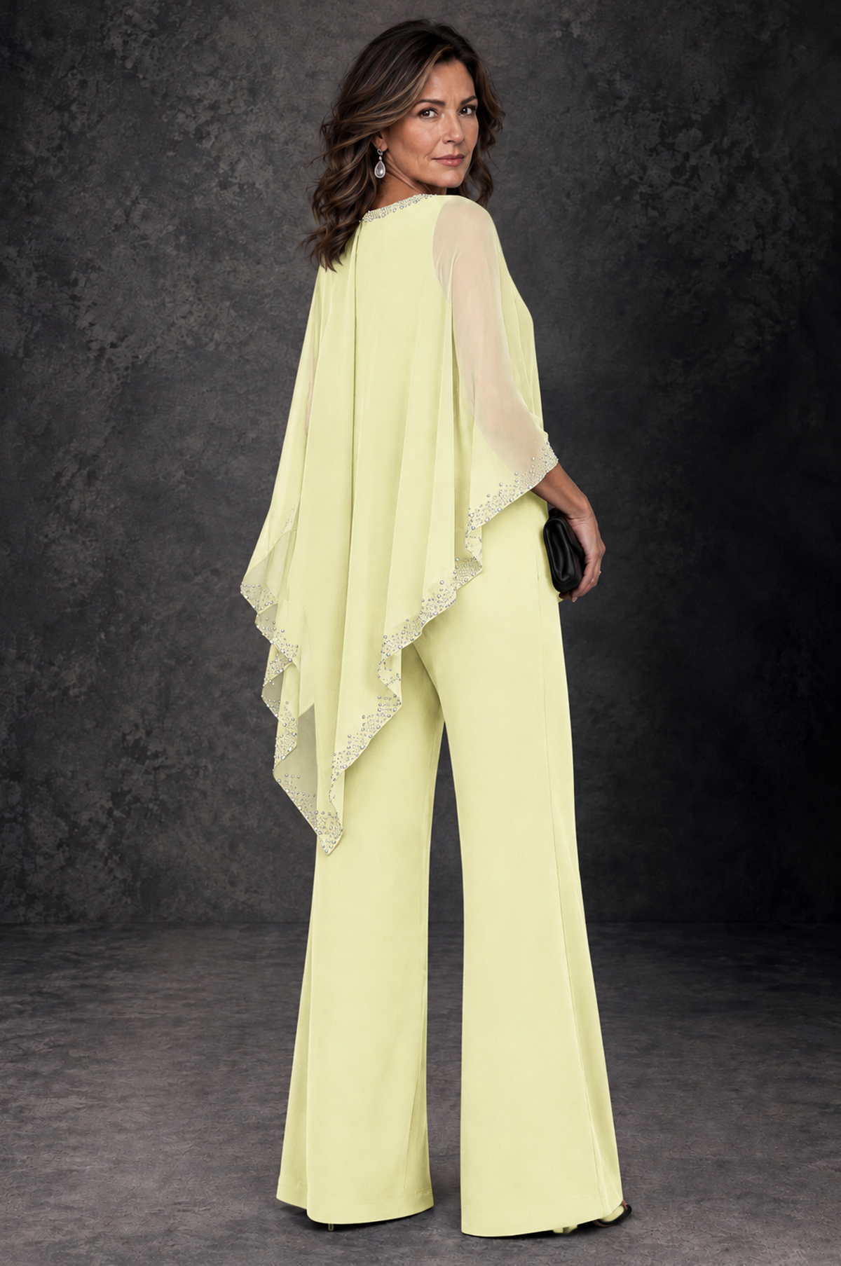 BOLODOO Light Yellow Embellished Cape Mother of the Bride Pantsuit - Light Yellow - Light_Yellow_3
