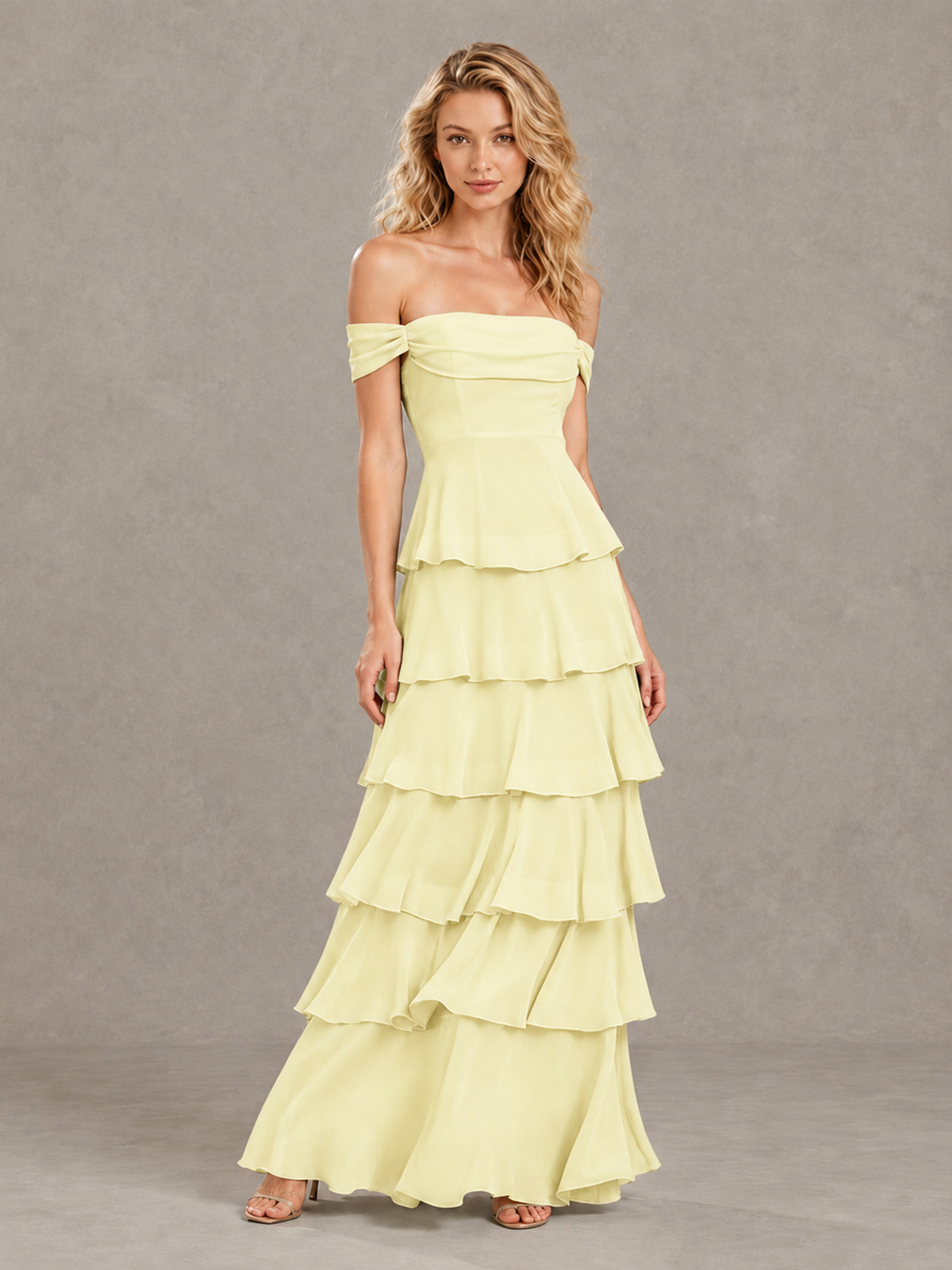 BOLODOO Light Yellow Off-Shoulder Tiered Ruffle Bridesmaid Dress with Lace-Up Back - Light Yellow - Light Yellow_3