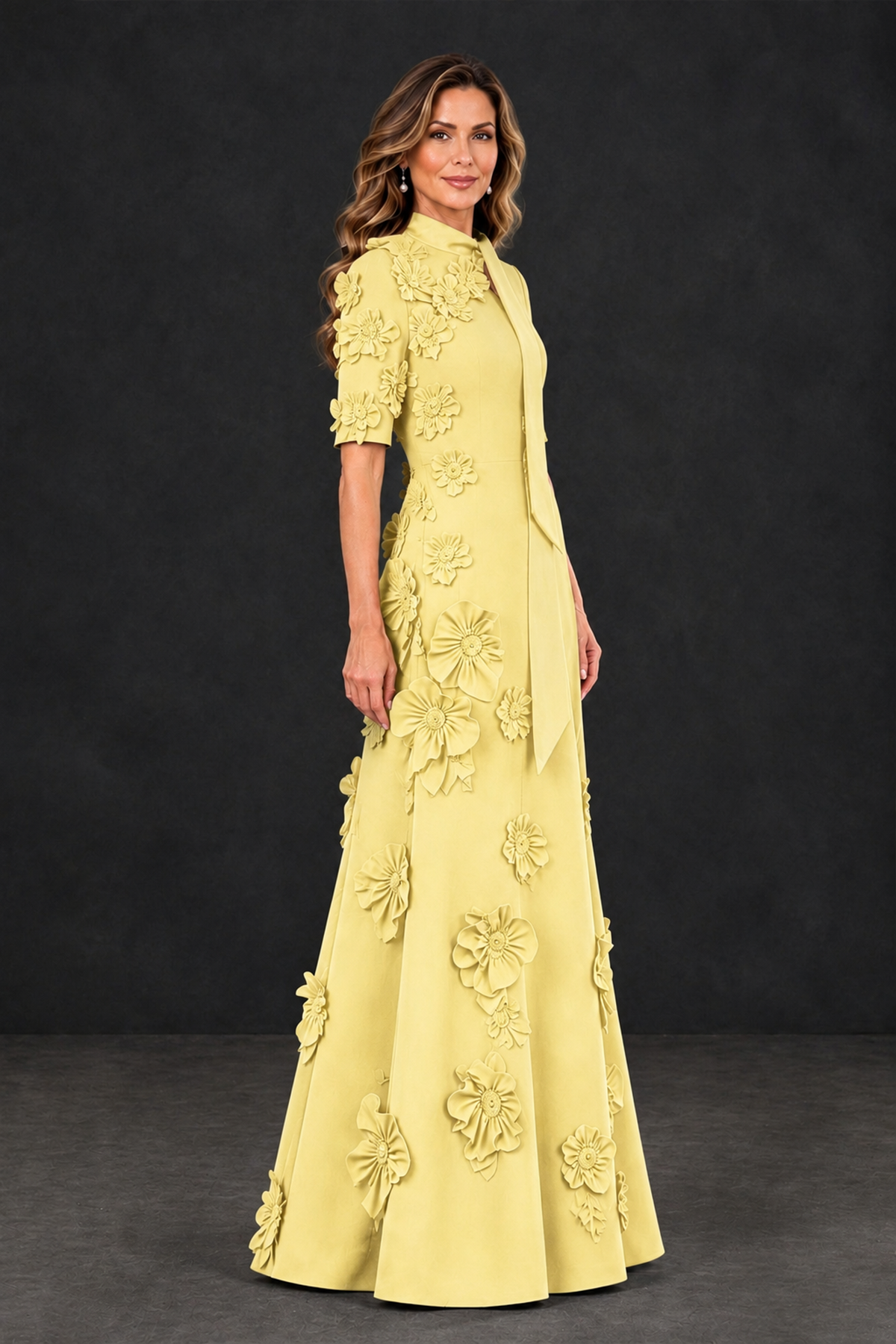 BOLODOO Light Yellow Floral Applique High-Neck Half-Sleeve Gown - Light Yellow - Light Yellow_3