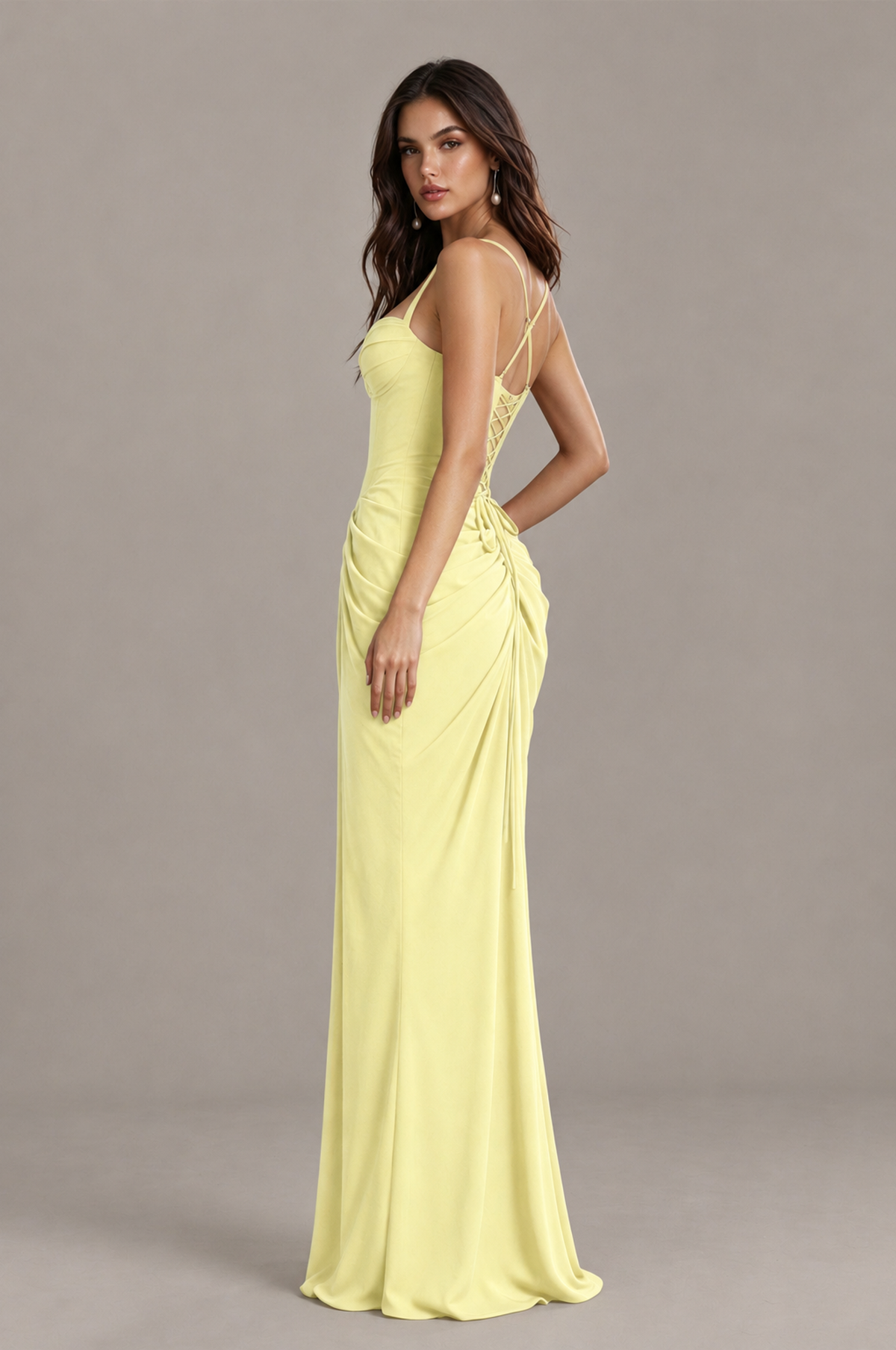 BOLODOO Light Yellow Sweetheart Ruched Lace-Up Back Evening Gown - Light Yellow - Light_Yellow_3