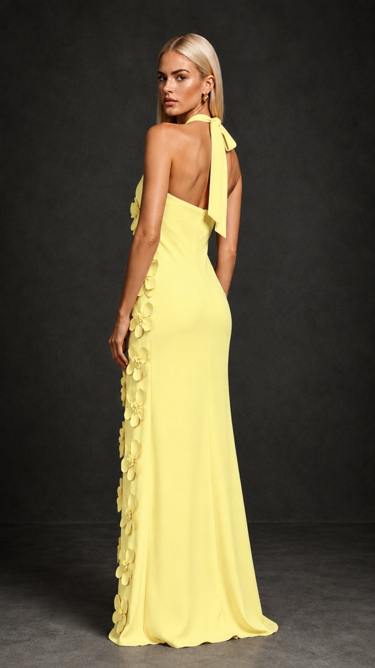 BOLODOO Light Yellow Cross Halter Neck 3D Floral Appliqué Backless Mermaid Maxi Gown - Light Yellow