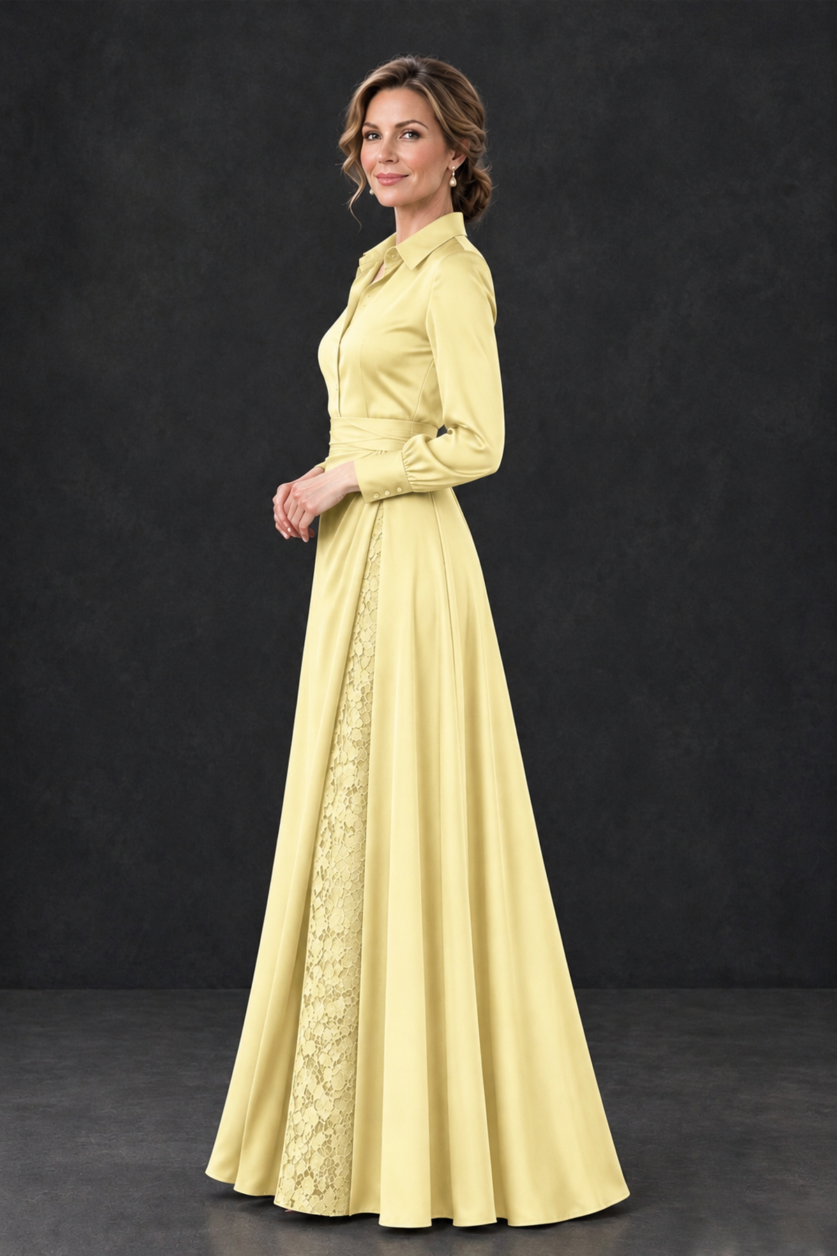 BOLODOO Light Yellow Long Sleeve Satin-Look Lace Panel Gown - Light Yellow - Light Yellow_3