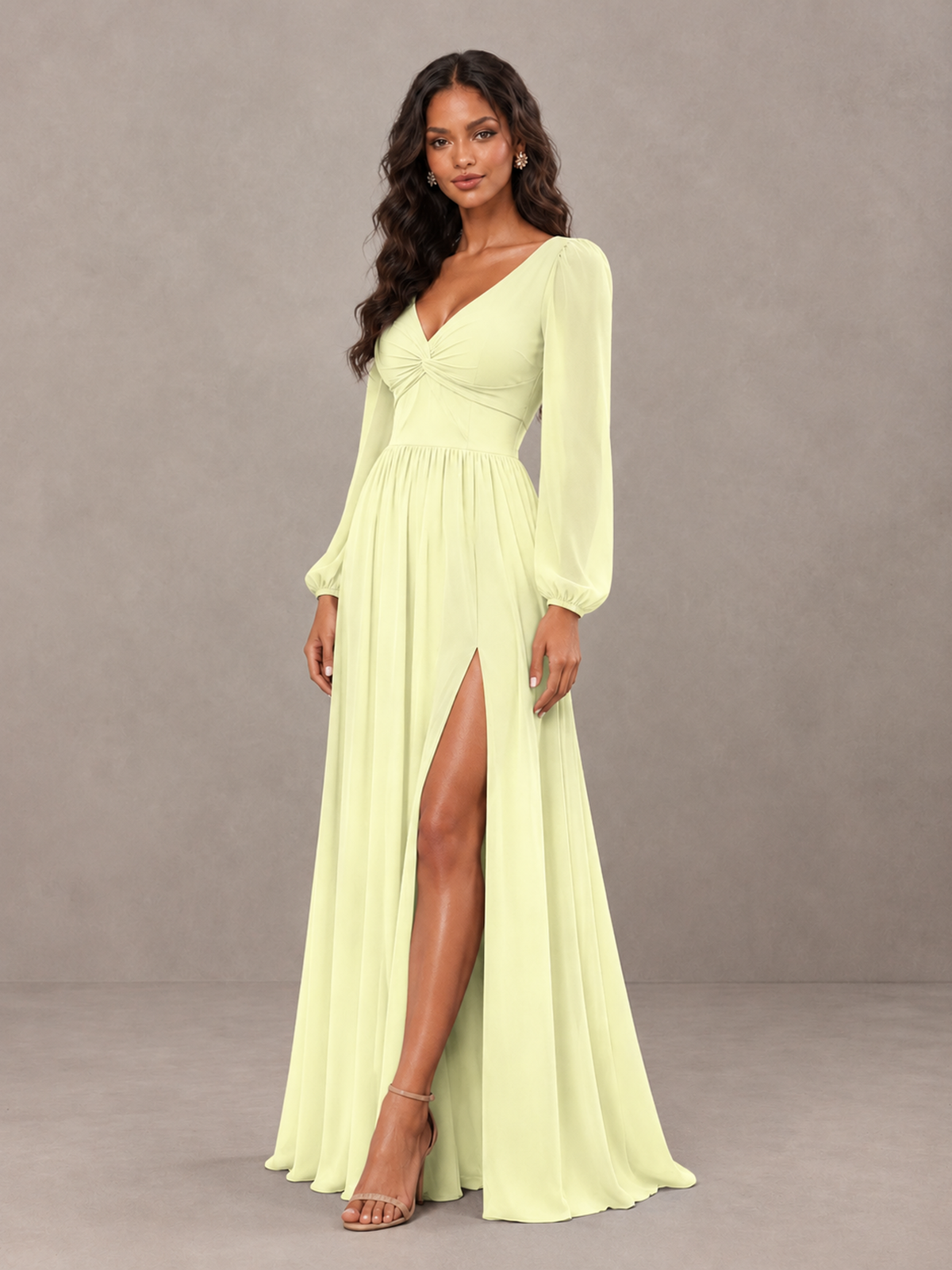 BOLODOO Light Yellow V-Neck Long Sleeve Bridesmaid Dress with Tie Back and Slit - Light Yellow - Light Yellow_3