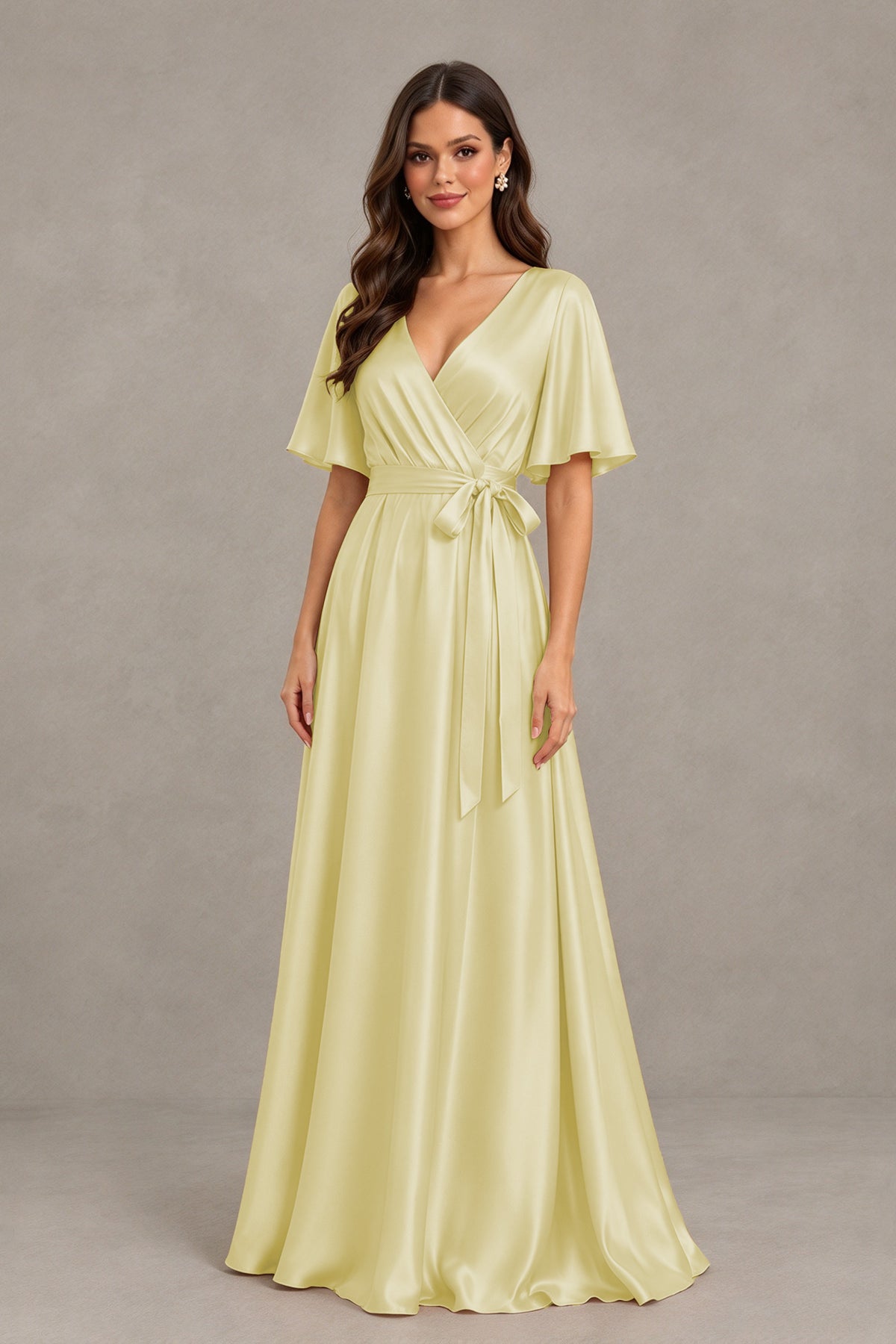 BOLODOO Light Yellow Satin V-Neck Flutter Sleeve Bridesmaid Dress with Slit - Light Yellow - Light Yellow(3)