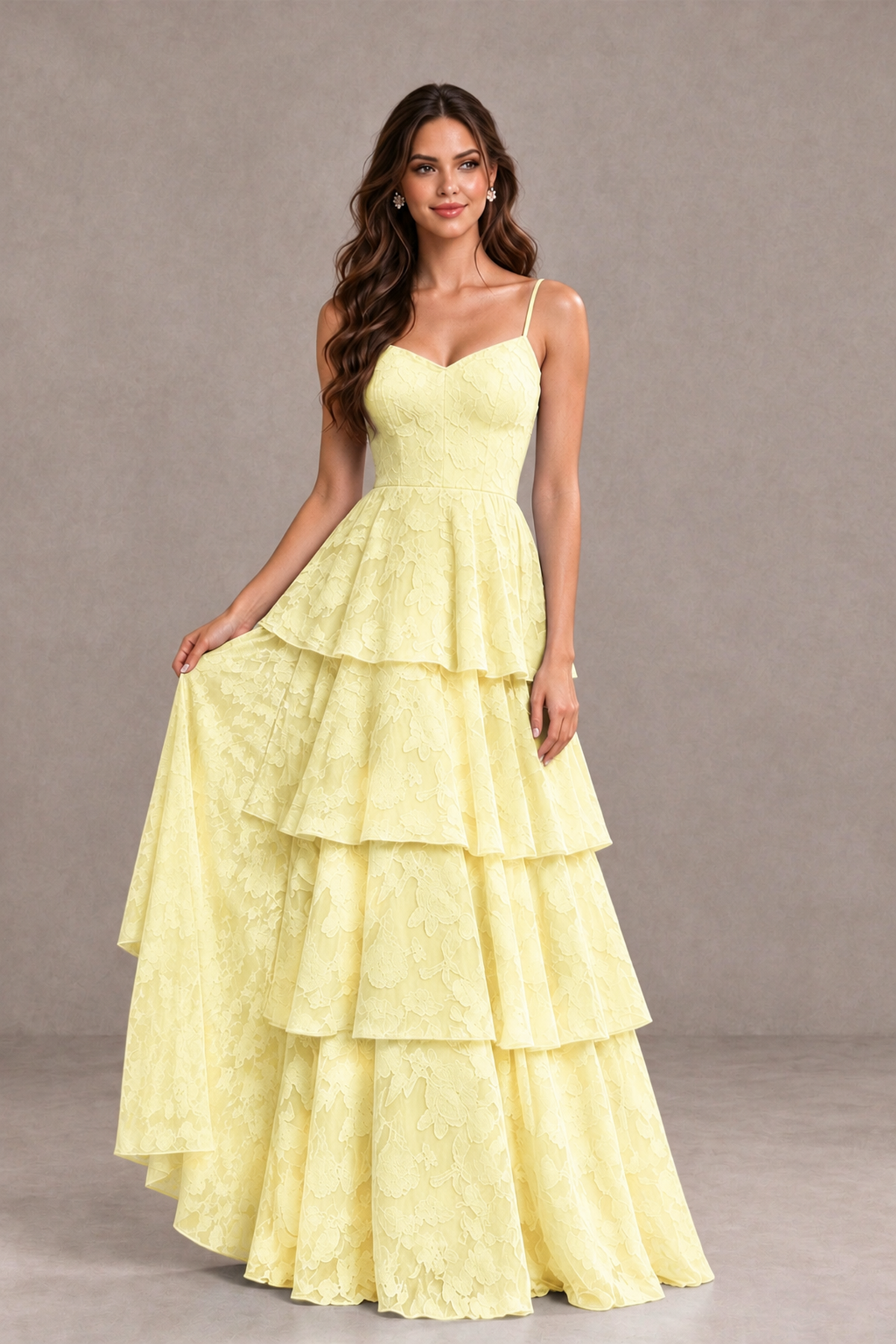 BOLODOO Light Yellow Tiered Floral-Textured Spaghetti Strap Maxi Dress - Light Yellow - Light Yellow_3