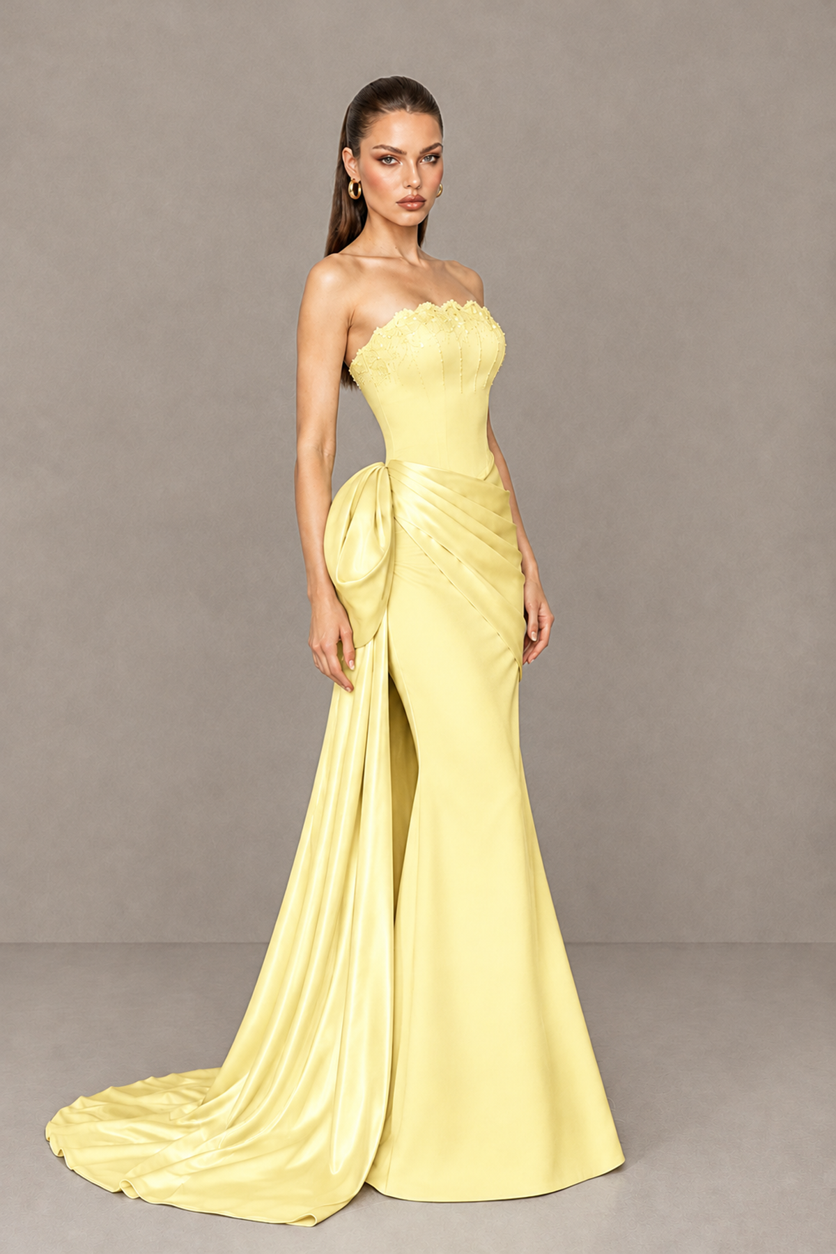 BOLODOO Light Yellow Strapless Satin Prom Dress with Draped Side Train - Light Yellow - Light_Yellow_3