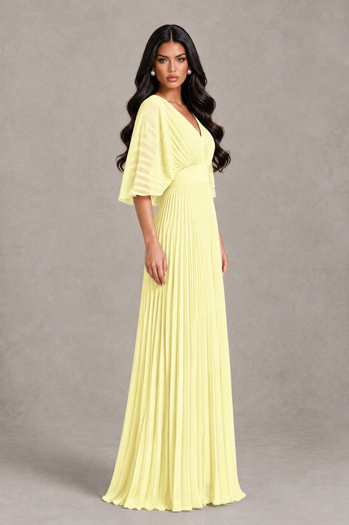 BOLODOO Light Yellow V-Neck Pleated Flutter Sleeve Formal Dress - Light Yellow - Light Yellow_3